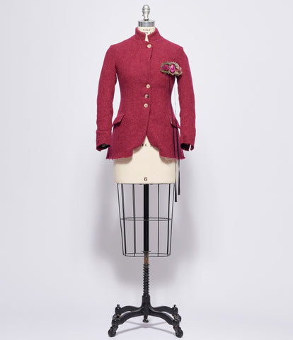 Elena Dawson Raspberry Tweed Hacking Jacket Rosebuds Brooch