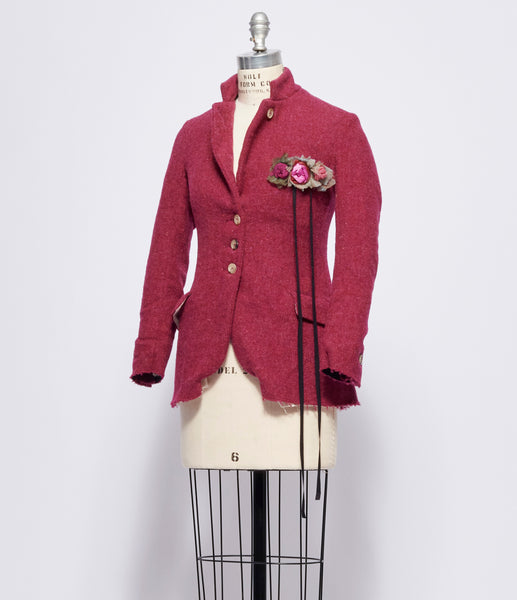 Elena Dawson Raspberry Tweed Hacking Jacket Rosebuds Brooch