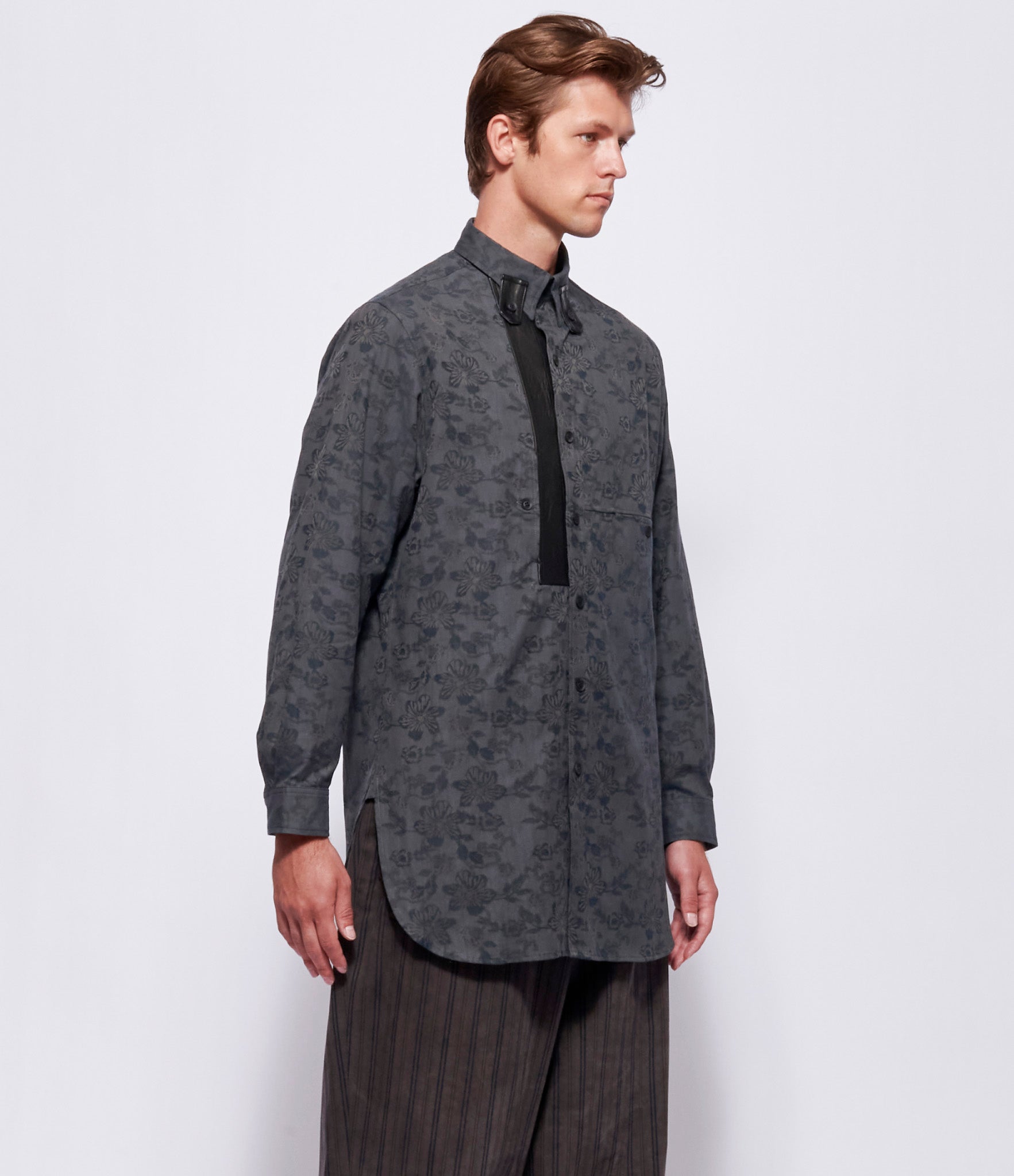 Yohji Yamamoto Pour Homme A-Flower Design+Leather Panel Shirt