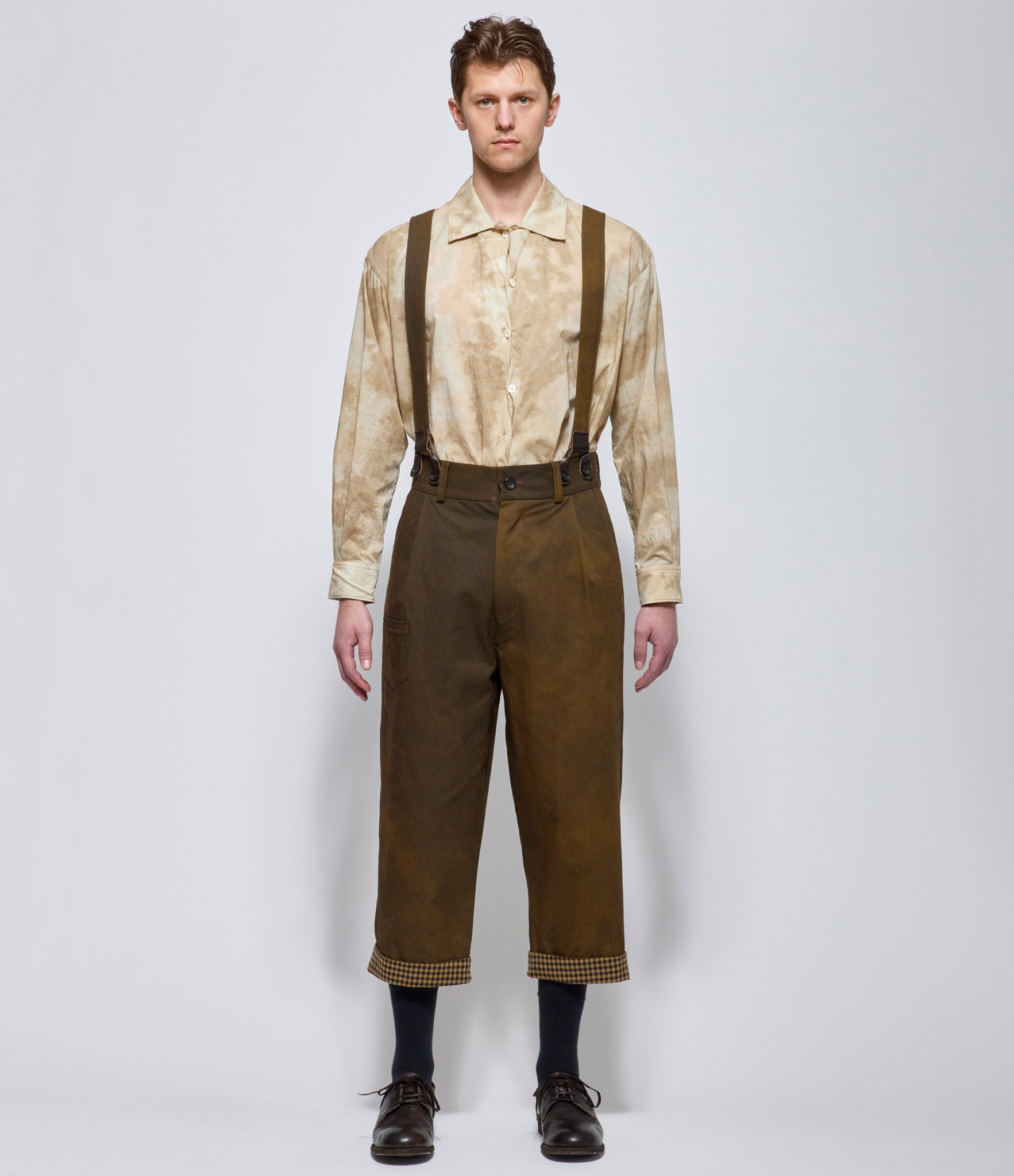 A Tentative Atelier Mens George Uneven Dyed Painter's Cross Band Pants