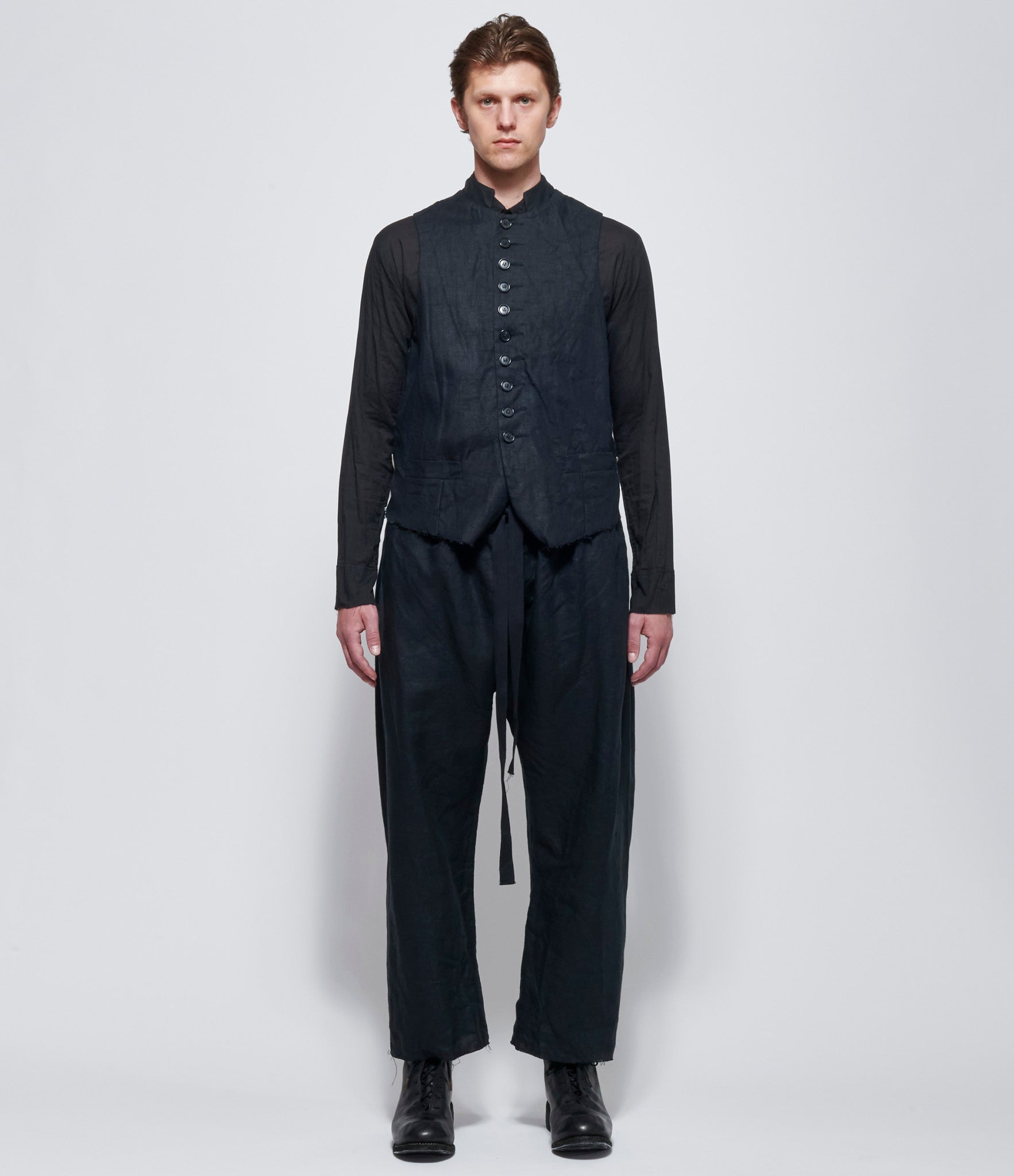 Elena Dawson Black Linen 10X Waistcoat with Collar Rosebud Ties