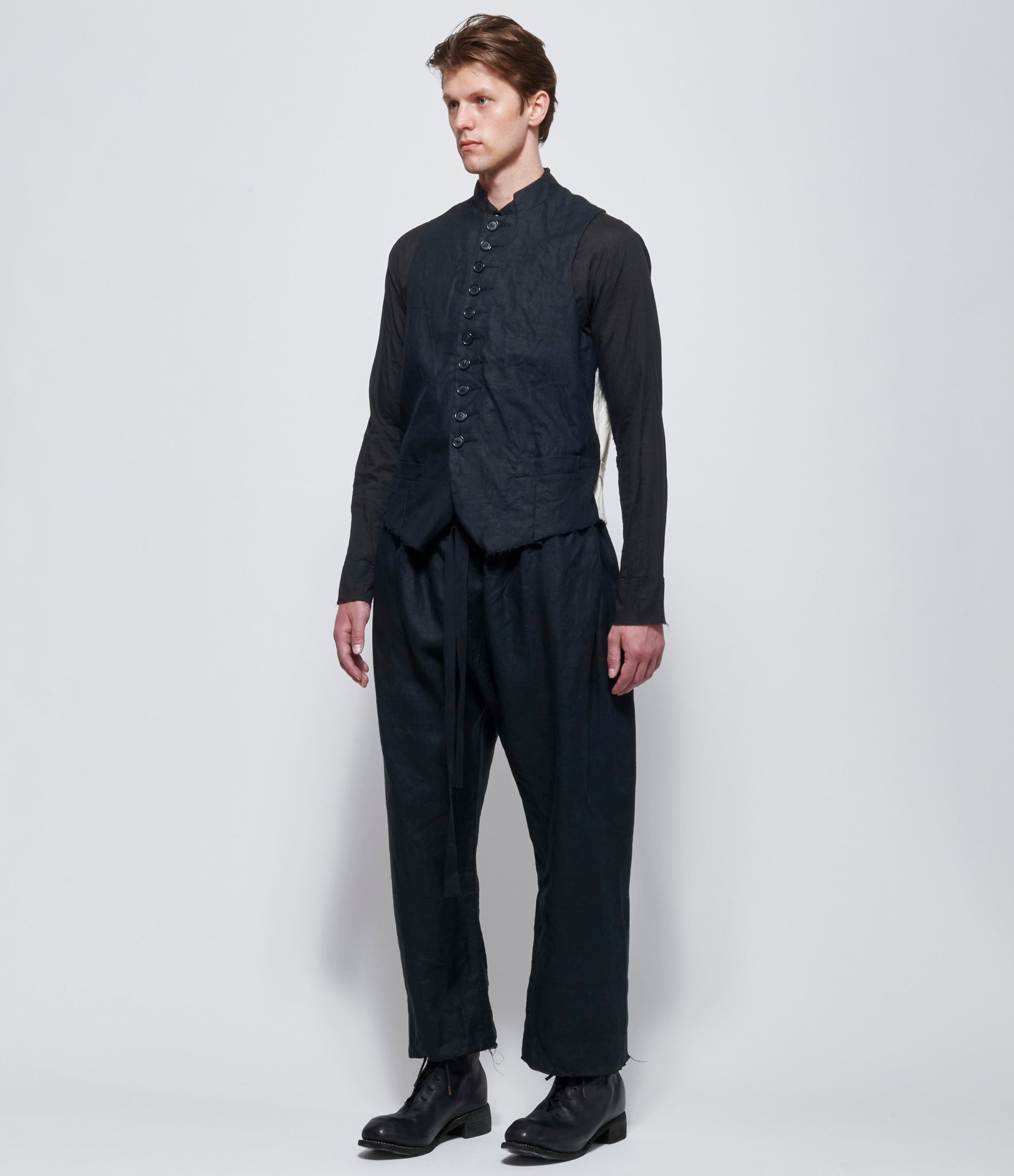 Elena Dawson Black Linen 10X Waistcoat with Collar Rosebud Ties