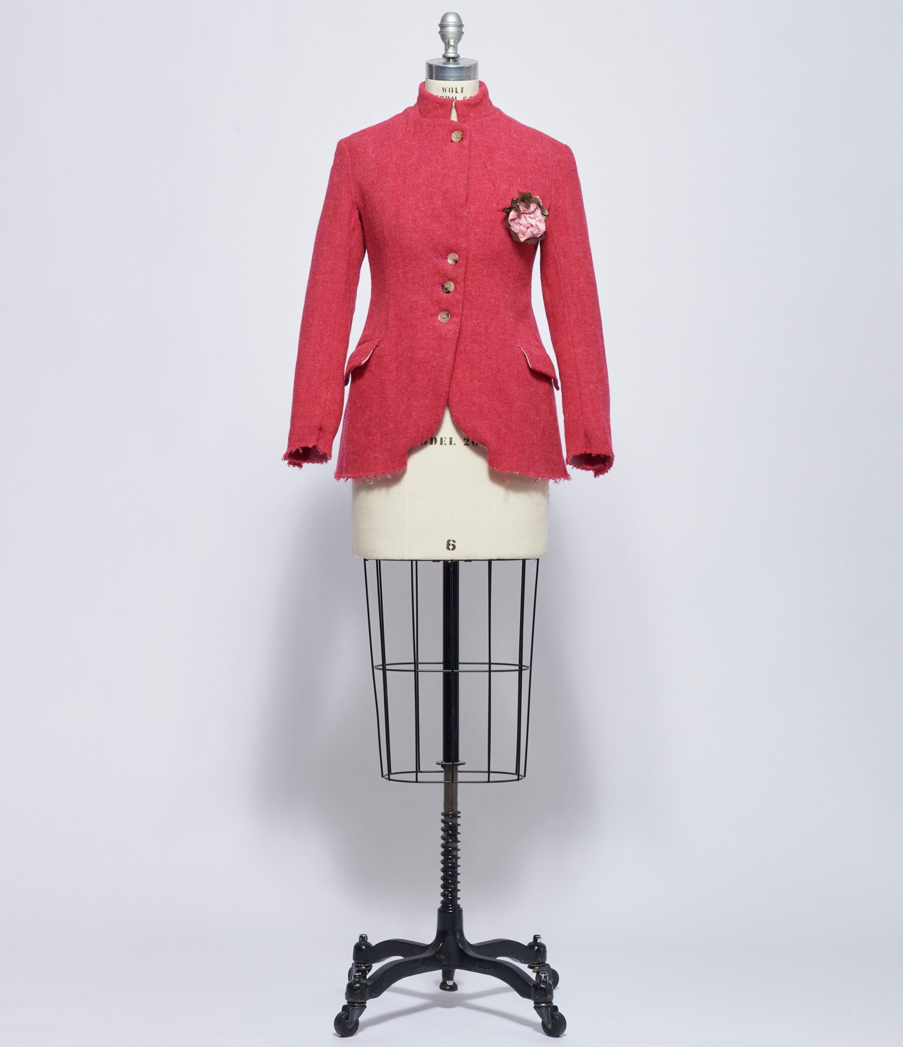 Elena Dawson Peony Tweed Hacking Jacket with Small Pink Withered Rose Brooch