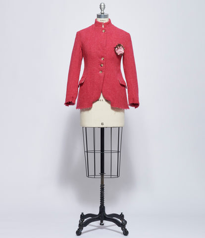 Elena Dawson Peony Tweed Hacking Jacket with Small Pink Withered Rose Brooch