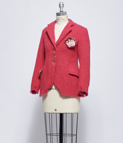 Elena Dawson Peony Tweed Hacking Jacket with Small Pink Withered Rose Brooch