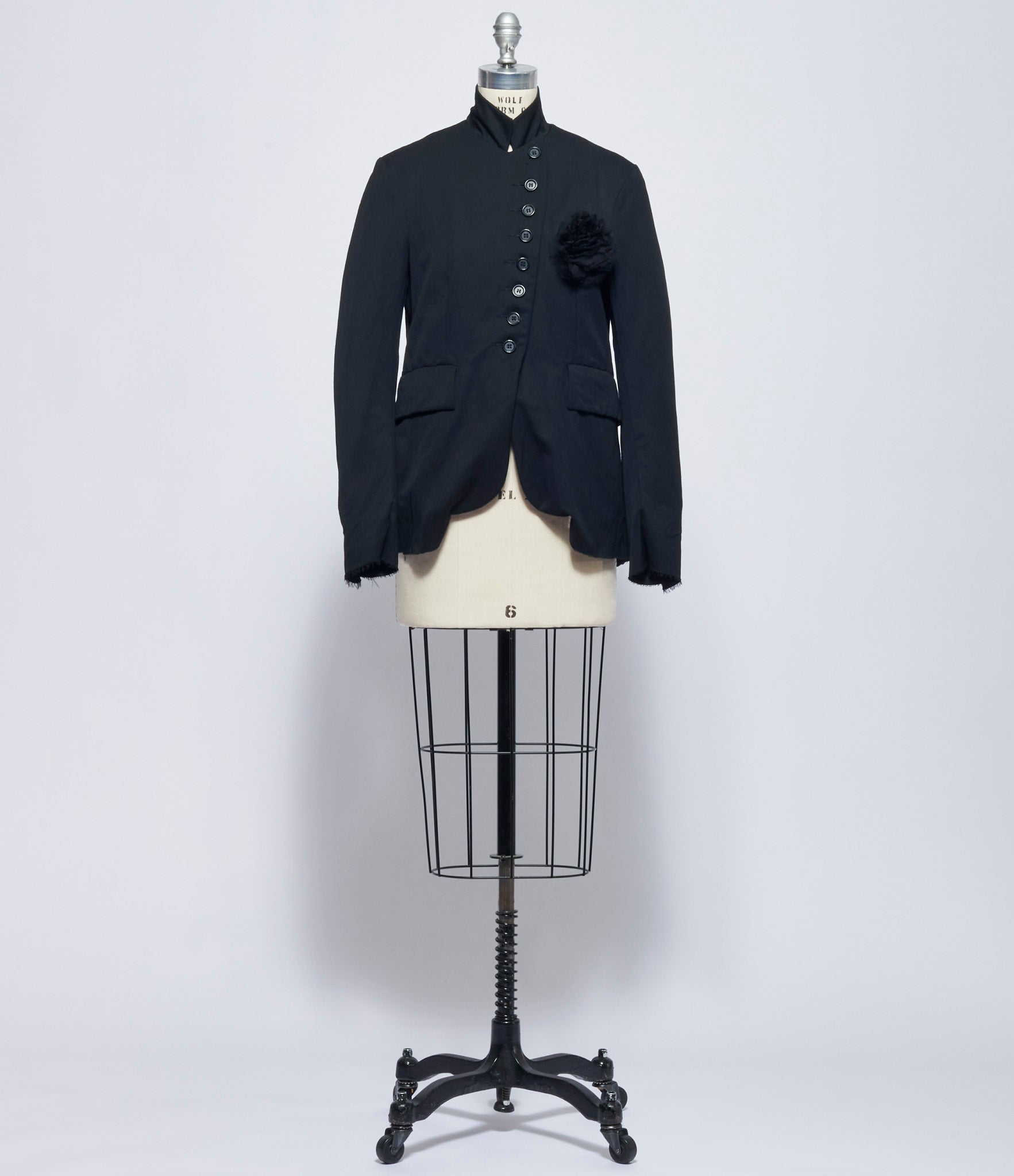 Elena Dawson Black Medium Wool 8X Blazer Peak with Small Black Withered Rose Brooch