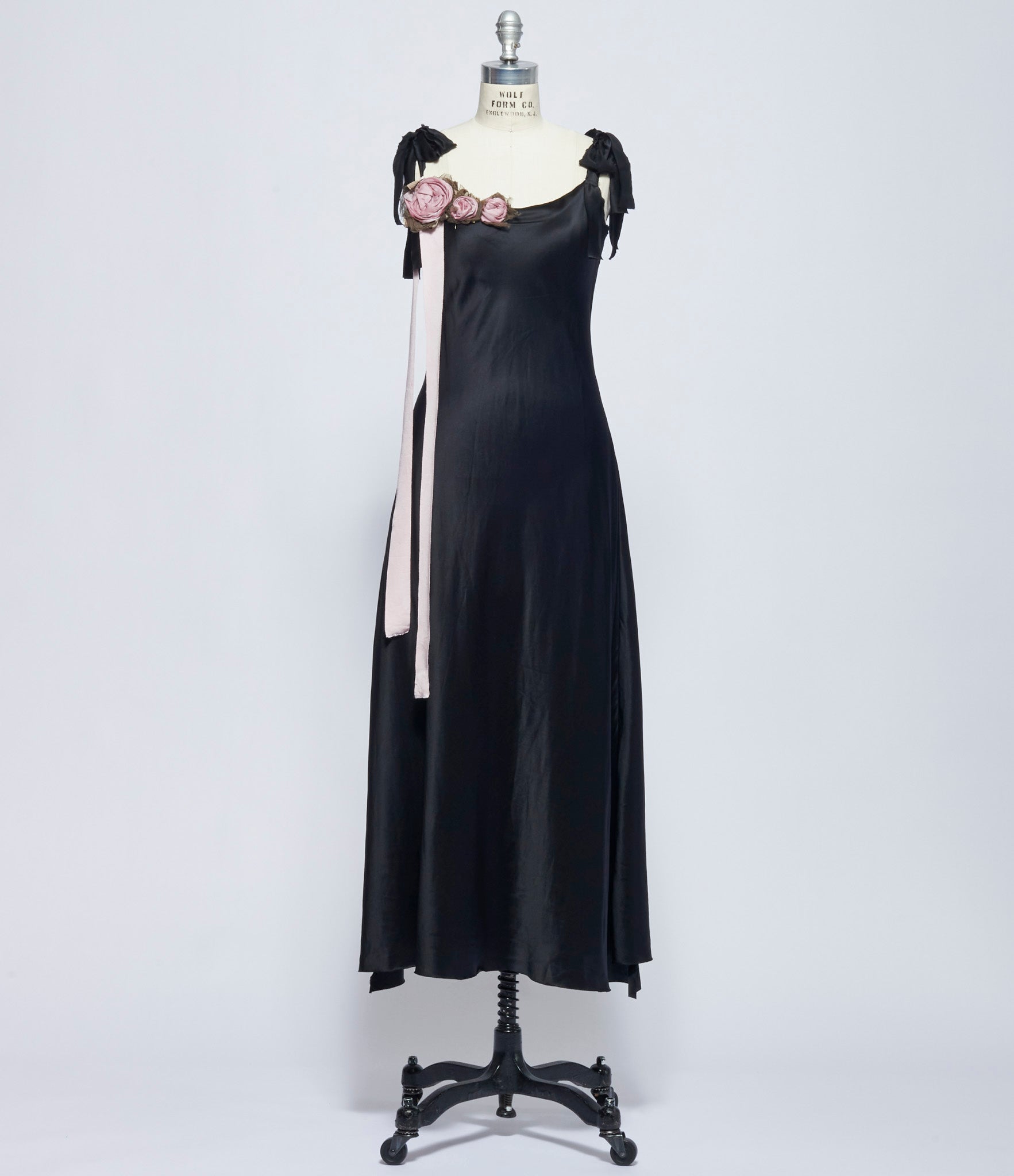 Elena Dawson Black Light Satin Silk Slip with Weeping Roses