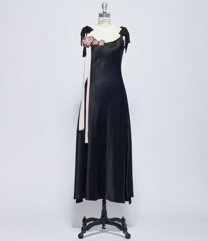 Elena Dawson Black Light Satin Silk Slip with Weeping Roses