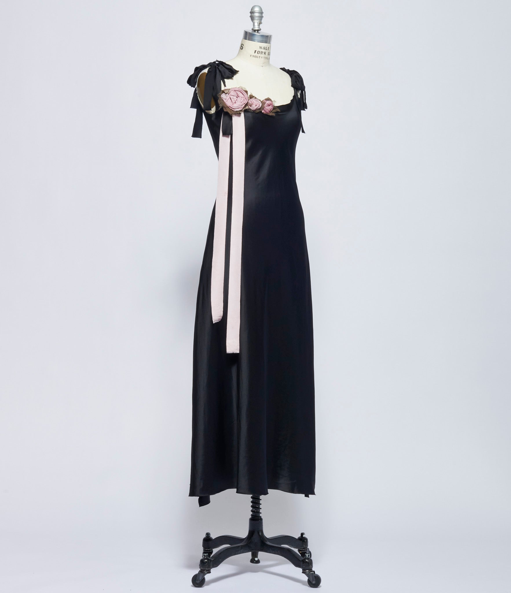 Elena Dawson Black Light Satin Silk Slip with Weeping Roses