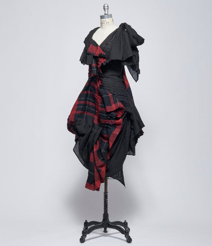 SS26 Yohji Yamamoto Womens Voluminous Plaid Ruffle Dress