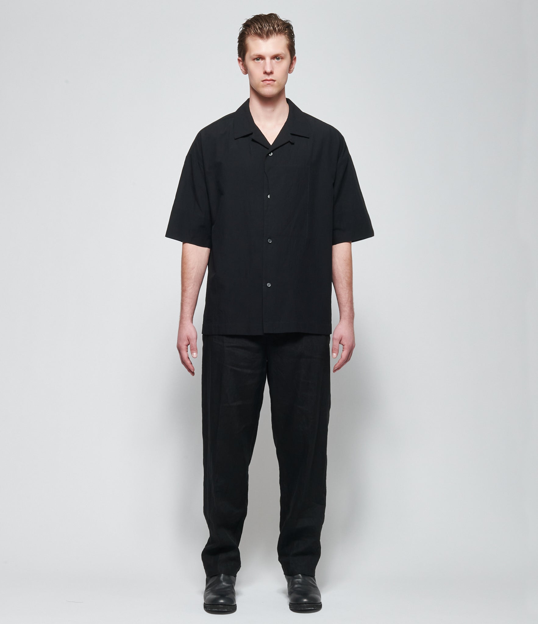 SS26 Forme d'Expression Mens Black Camp Shirt with Crescent Pocket