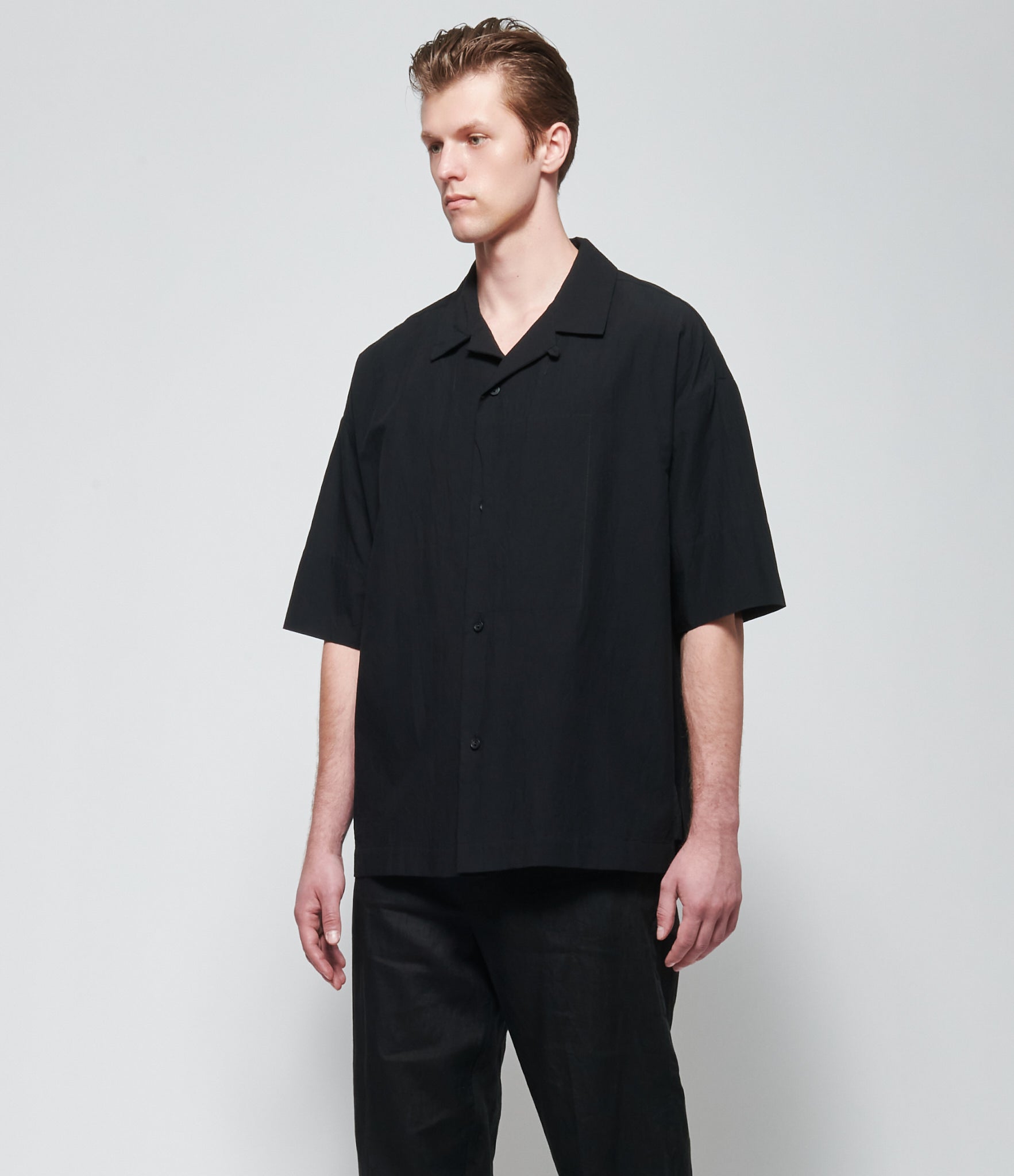 SS26 Forme d'Expression Mens Black Camp Shirt with Crescent Pocket