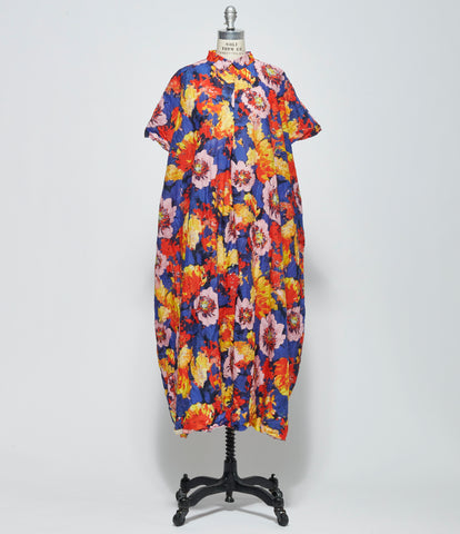 SS26 Daniela Gregis Womens Abito Dress 20.07.06 Manichina Lavata Fiori Grandi Blu Navy Arancio Rosa Giallo