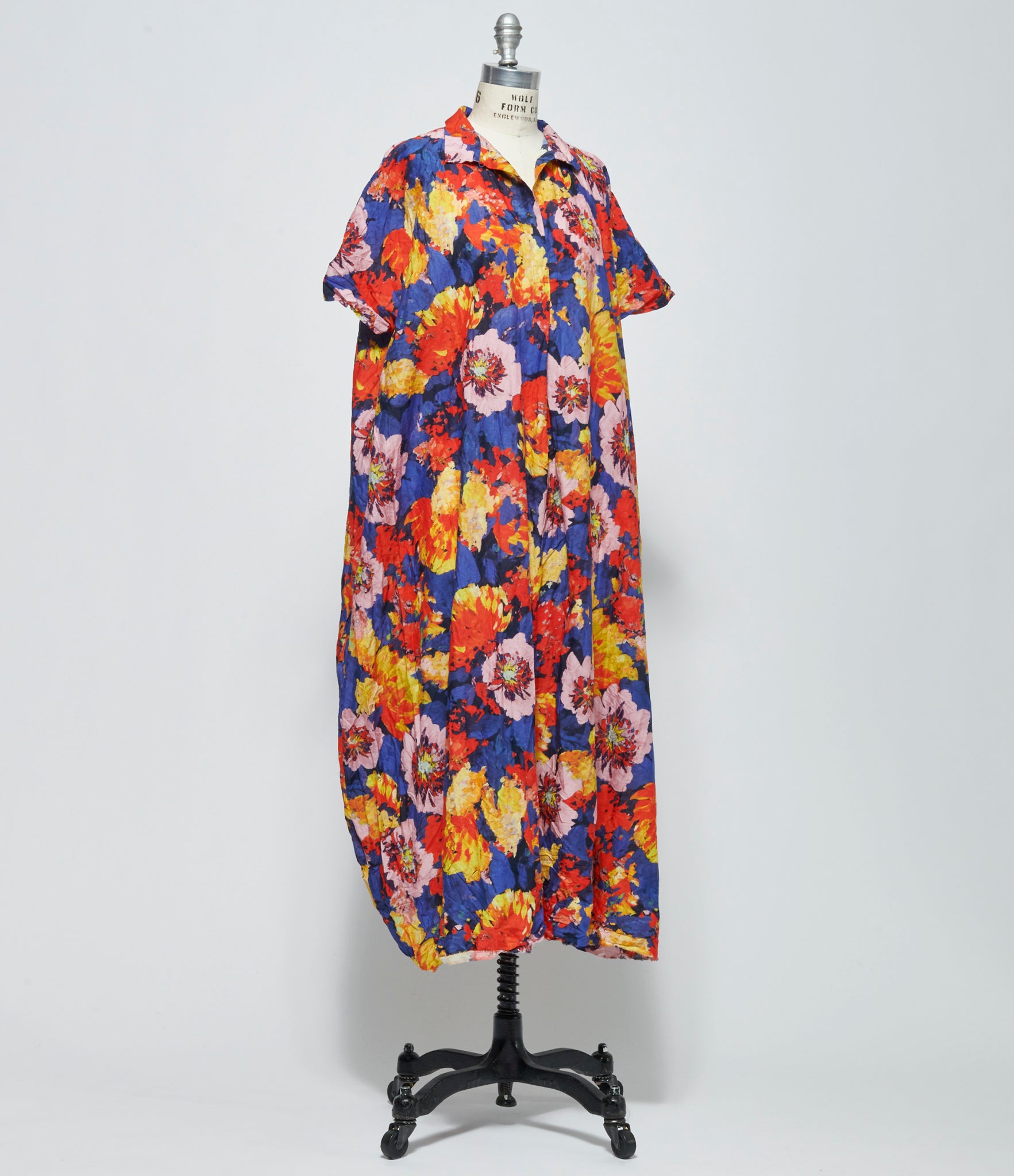 SS26 Daniela Gregis Womens Abito Dress 20.07.06 Manichina Lavata Fiori Grandi Blu Navy Arancio Rosa Giallo