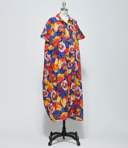 SS26 Daniela Gregis Womens Abito Dress 20.07.06 Manichina Lavata Fiori Grandi Blu Navy Arancio Rosa Giallo