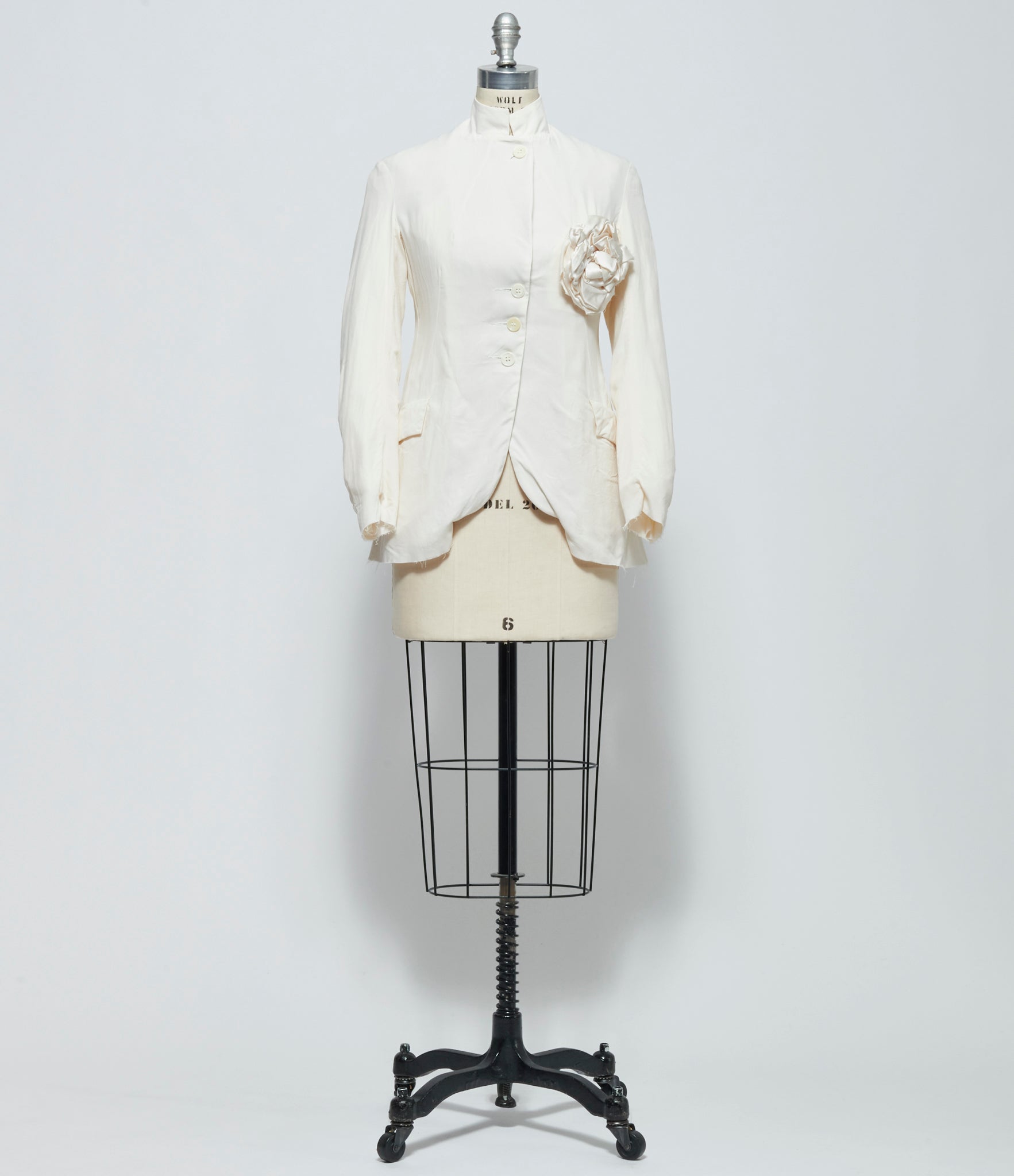 SS26 Elena Dawson Womens Ivory Sandwashed Silk 4X Hacking Jacket with Silk Satin Mess Brooch