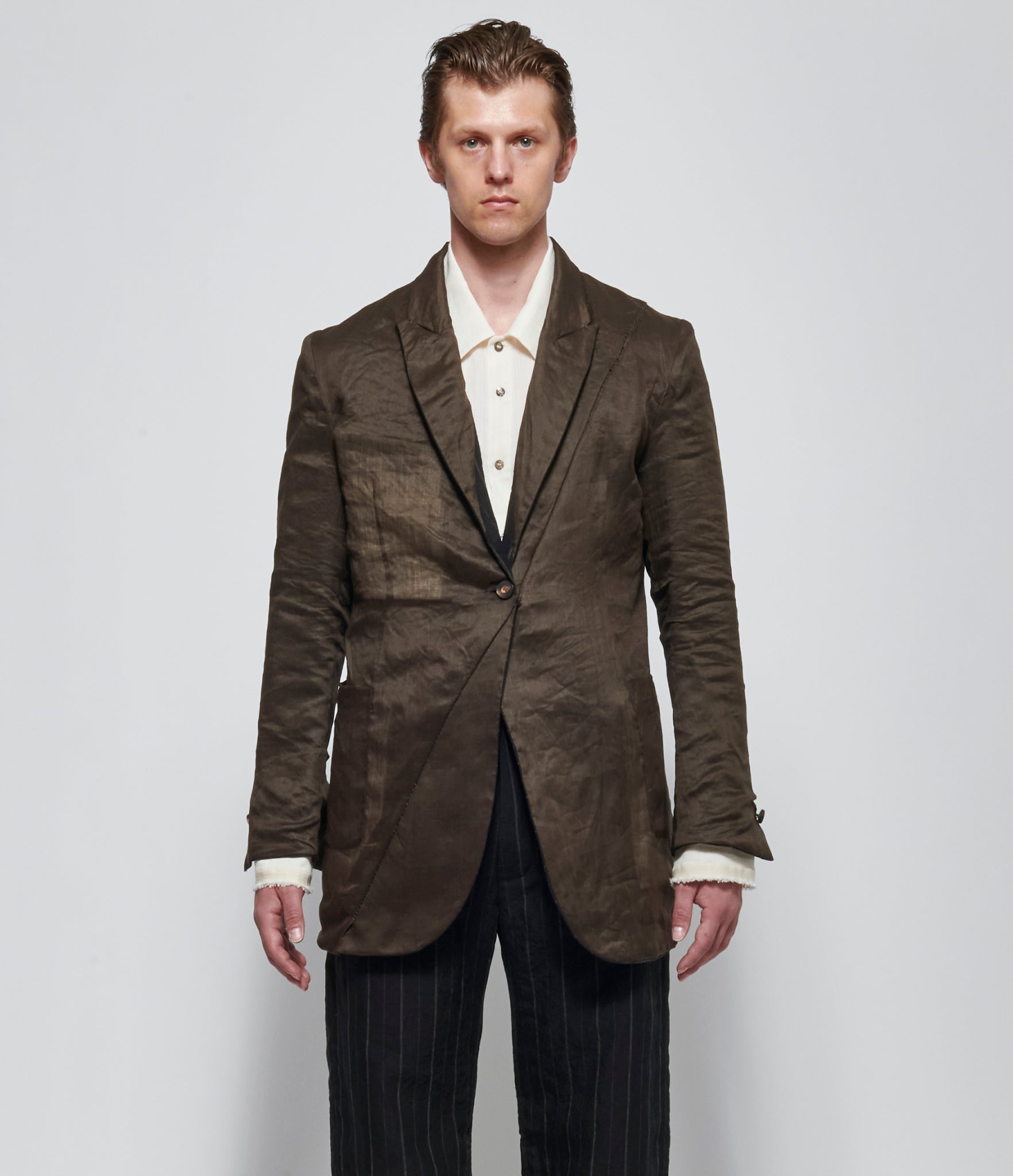 SS26 K ' A N G Mens Reversible Relaxed-Fit Hand Overlock Stitched Half Long Jacket