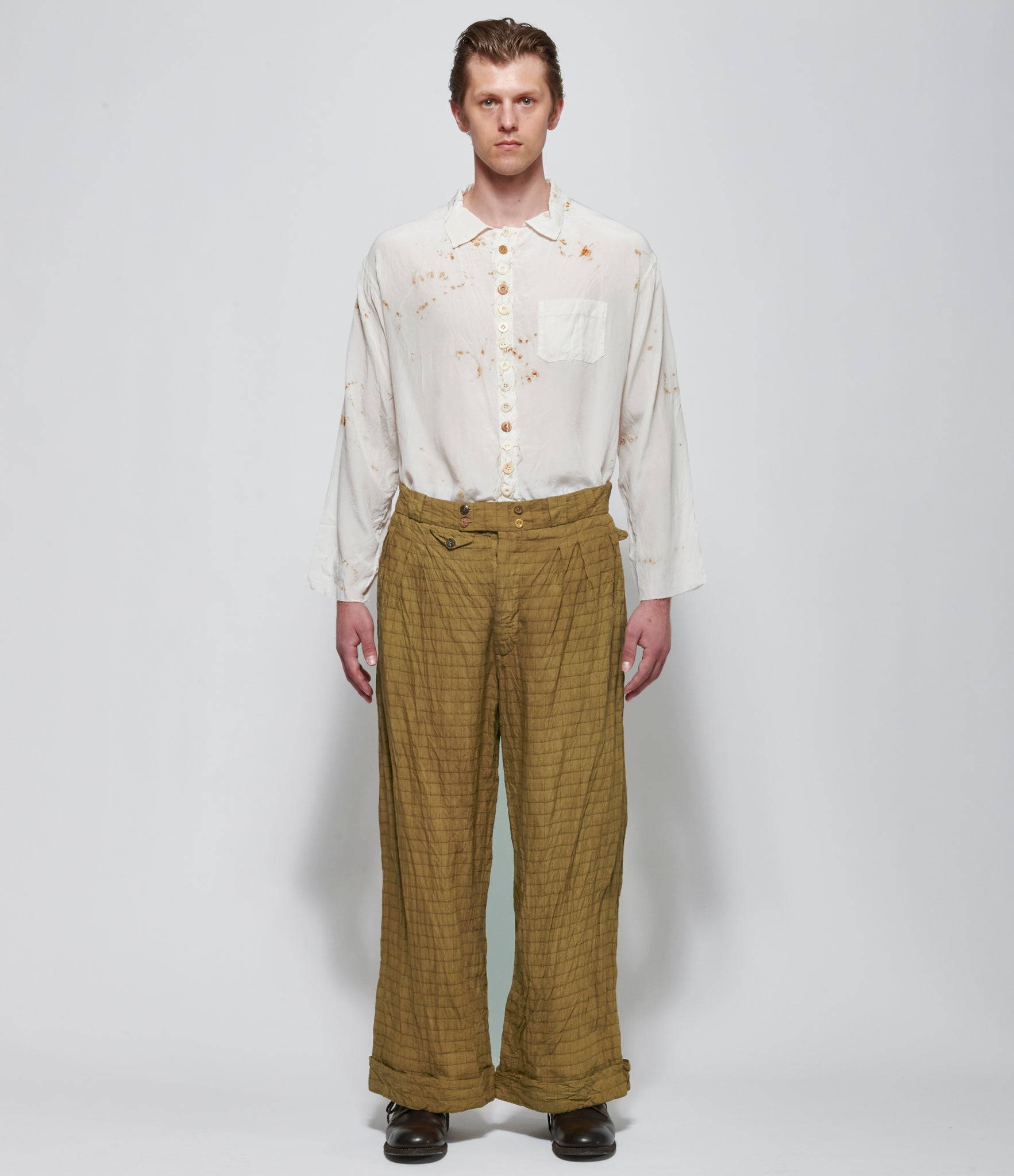 Archivio J.M. Ribot Crinkled Ochre Grid Trousers