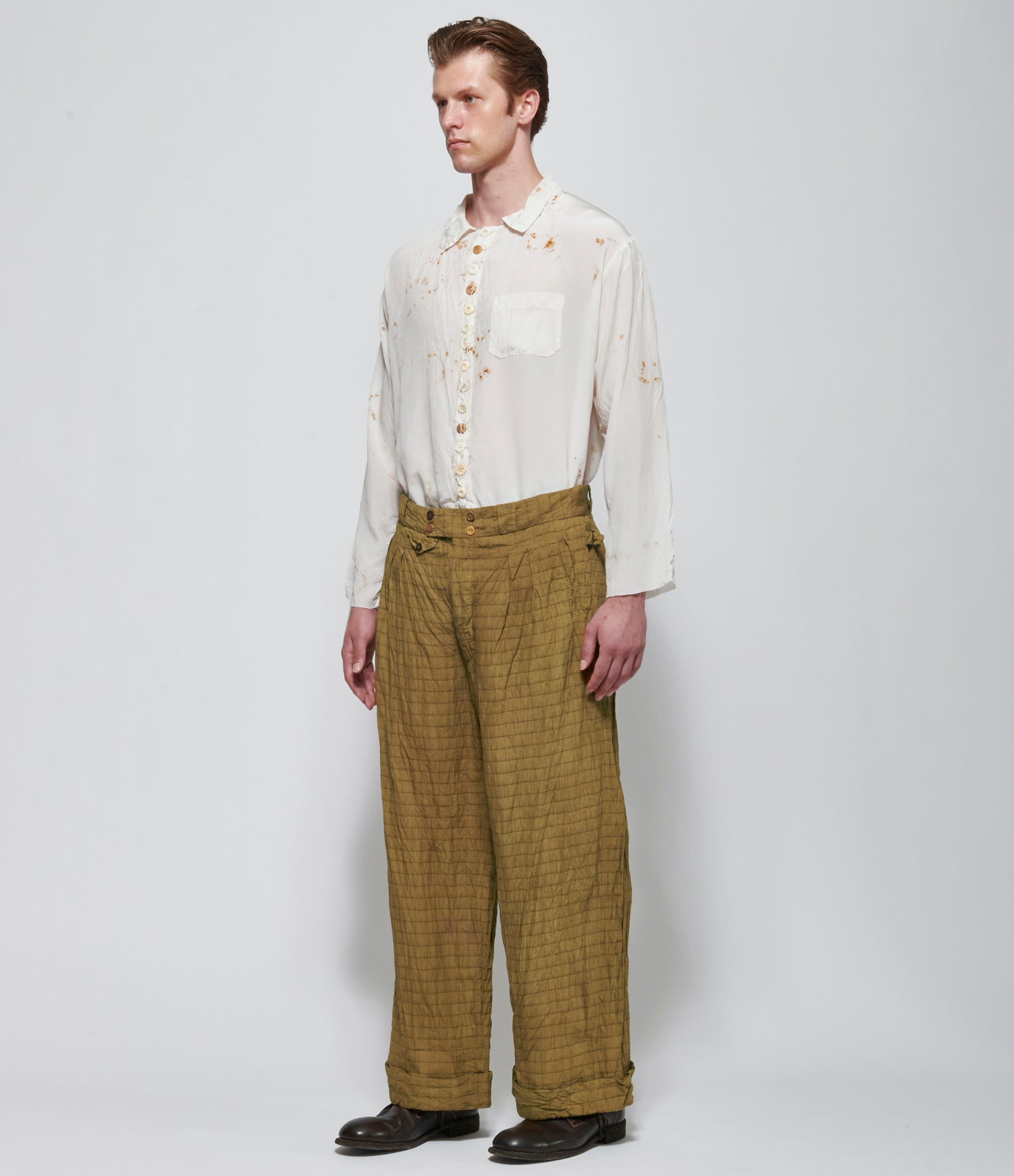 Archivio J.M. Ribot Crinkled Ochre Grid Trousers