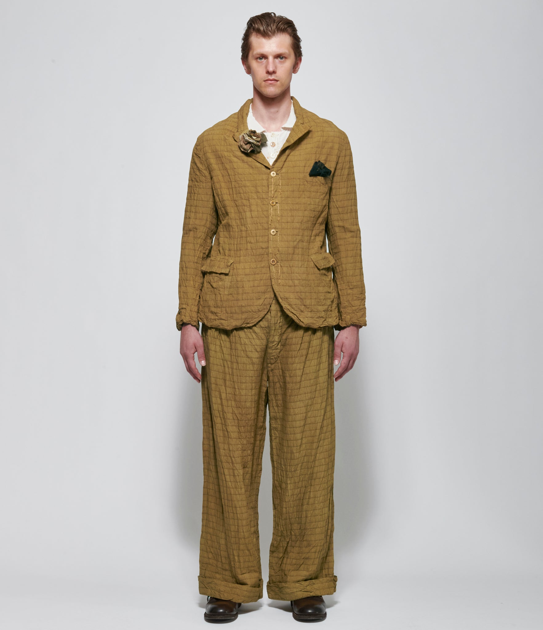 Archivio J.M. Ribot Mens Crinkled Ochre Grid Blazer