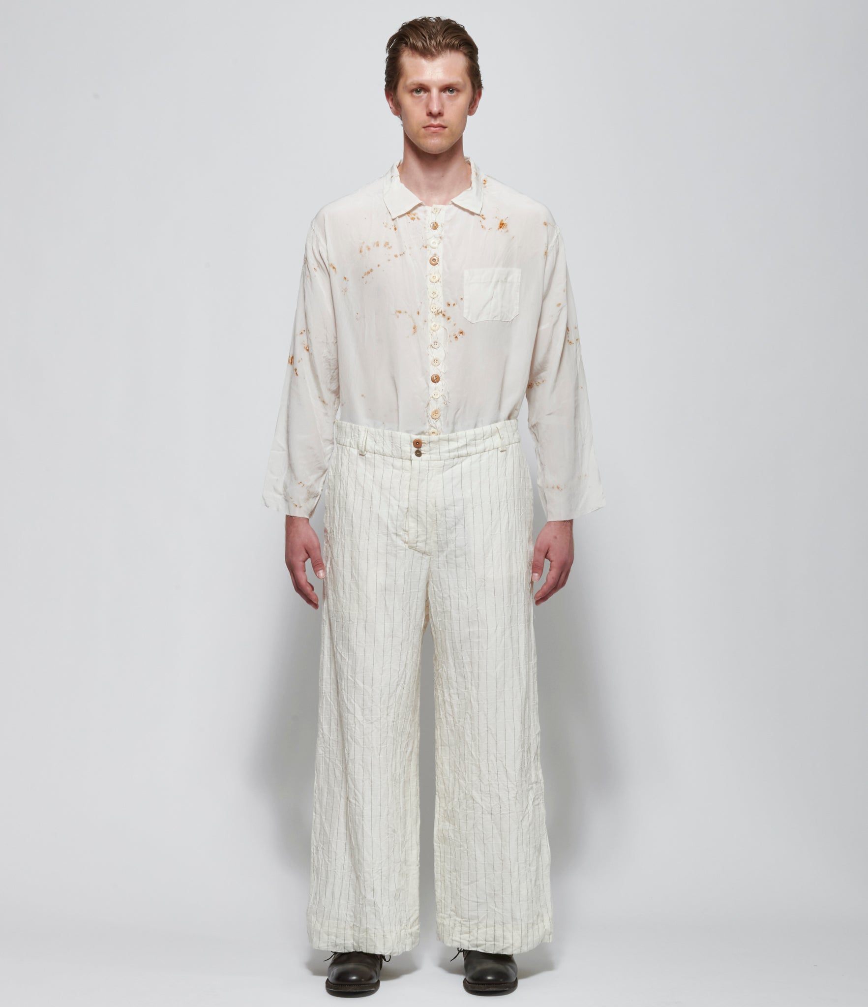 Archivio J.M. Ribot Crinkled Ivory Grid Trousers