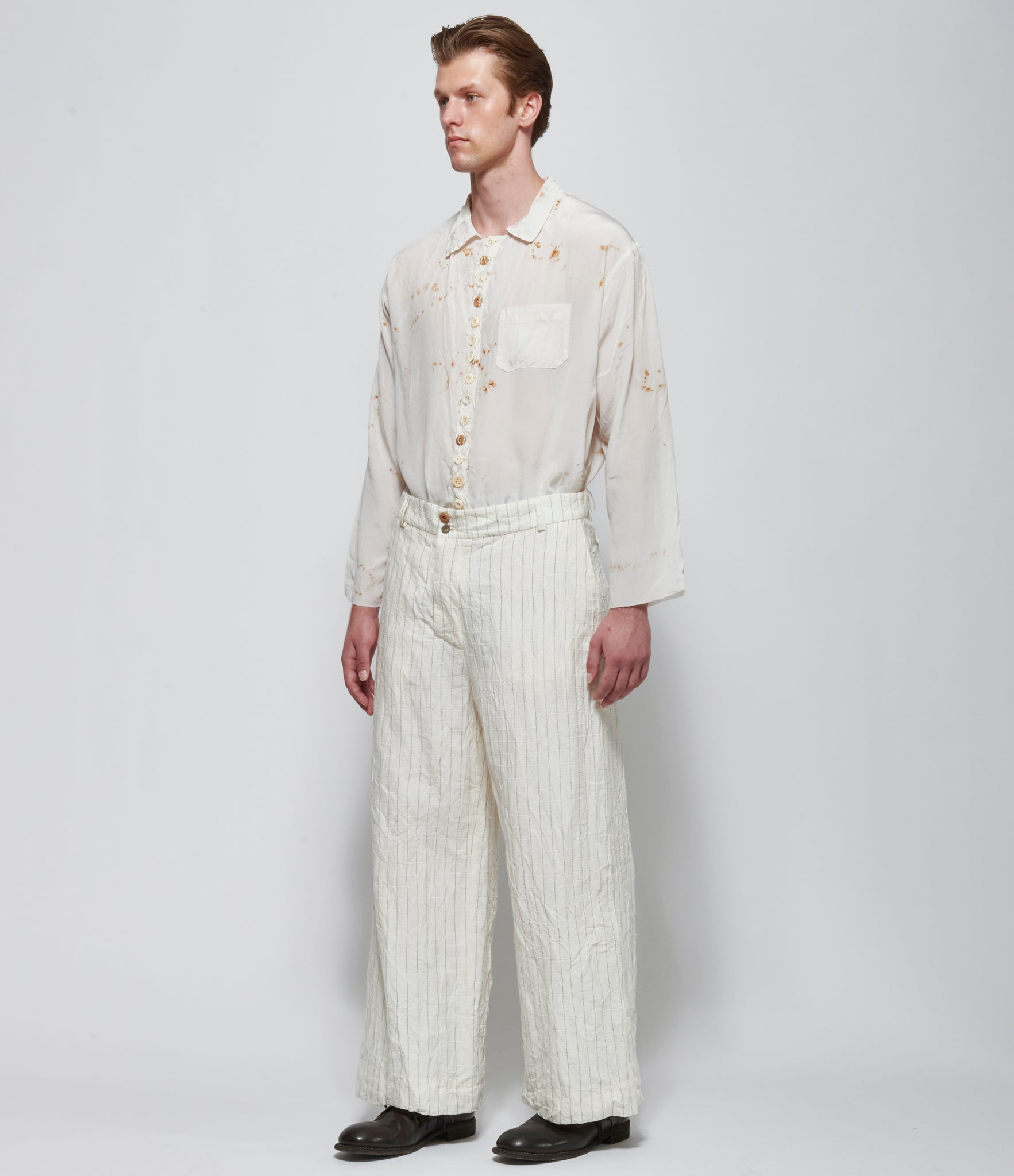 Archivio J.M. Ribot Crinkled Ivory Grid Trousers