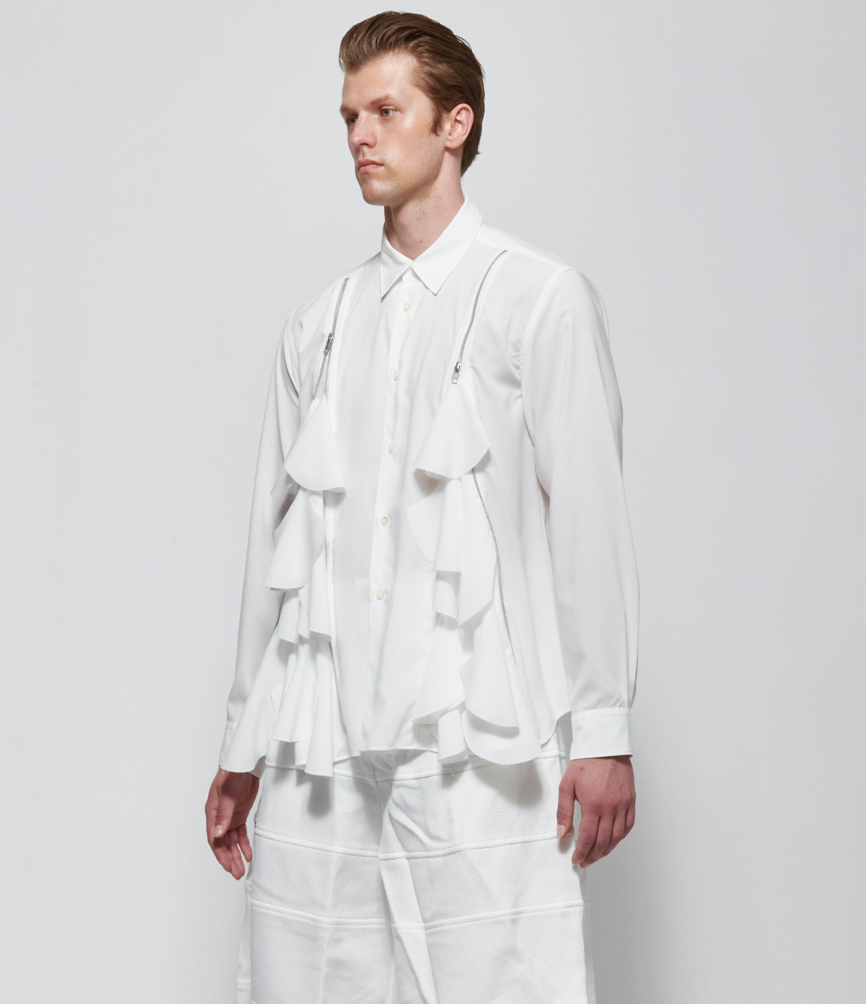 SS26 Comme Des Garcons Homme Plus Ruffle Zip White Shirt