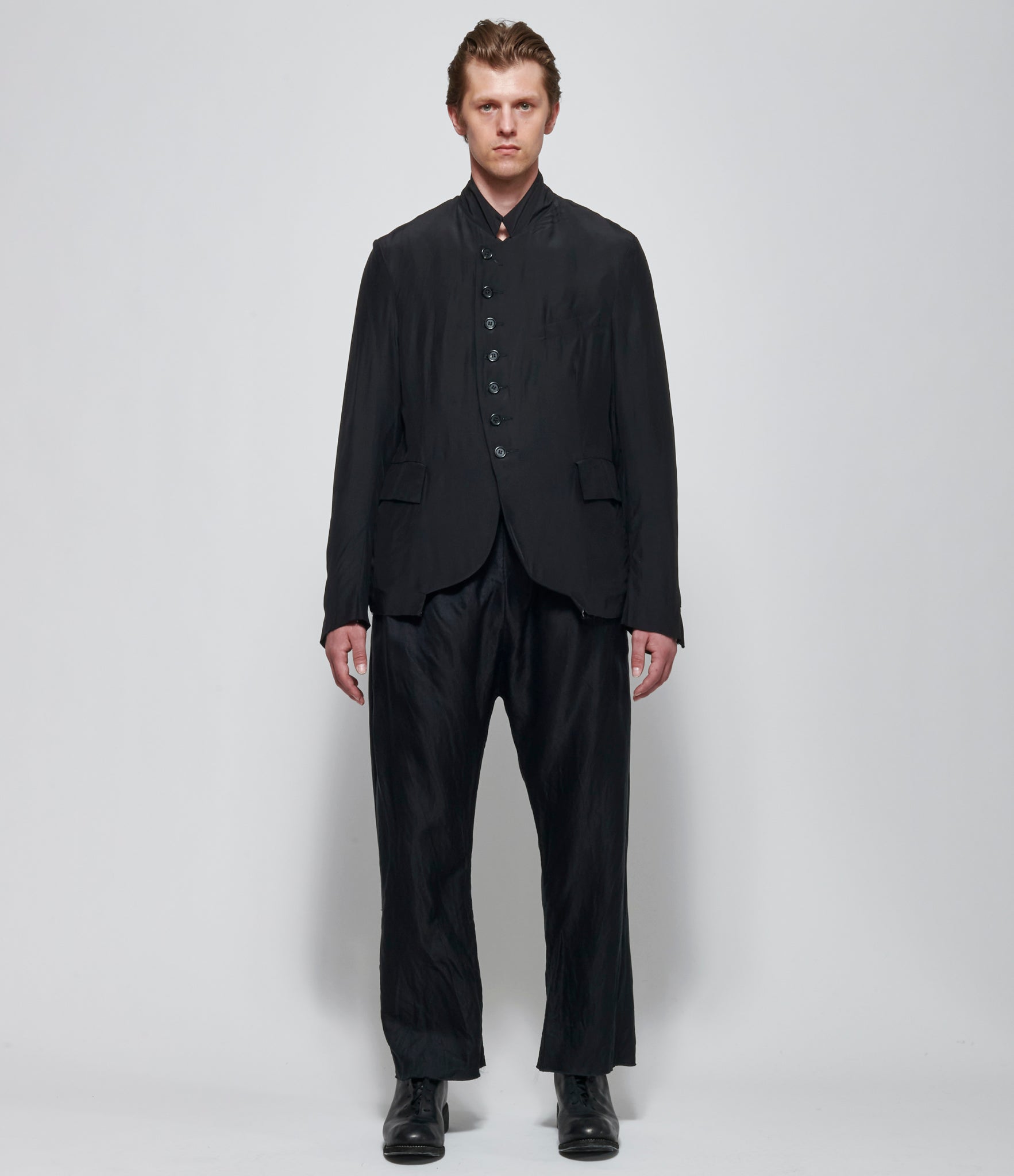 SS26 Elena Dawson Mens Black Silk Satin Reverse 7X Short Blazer Notch