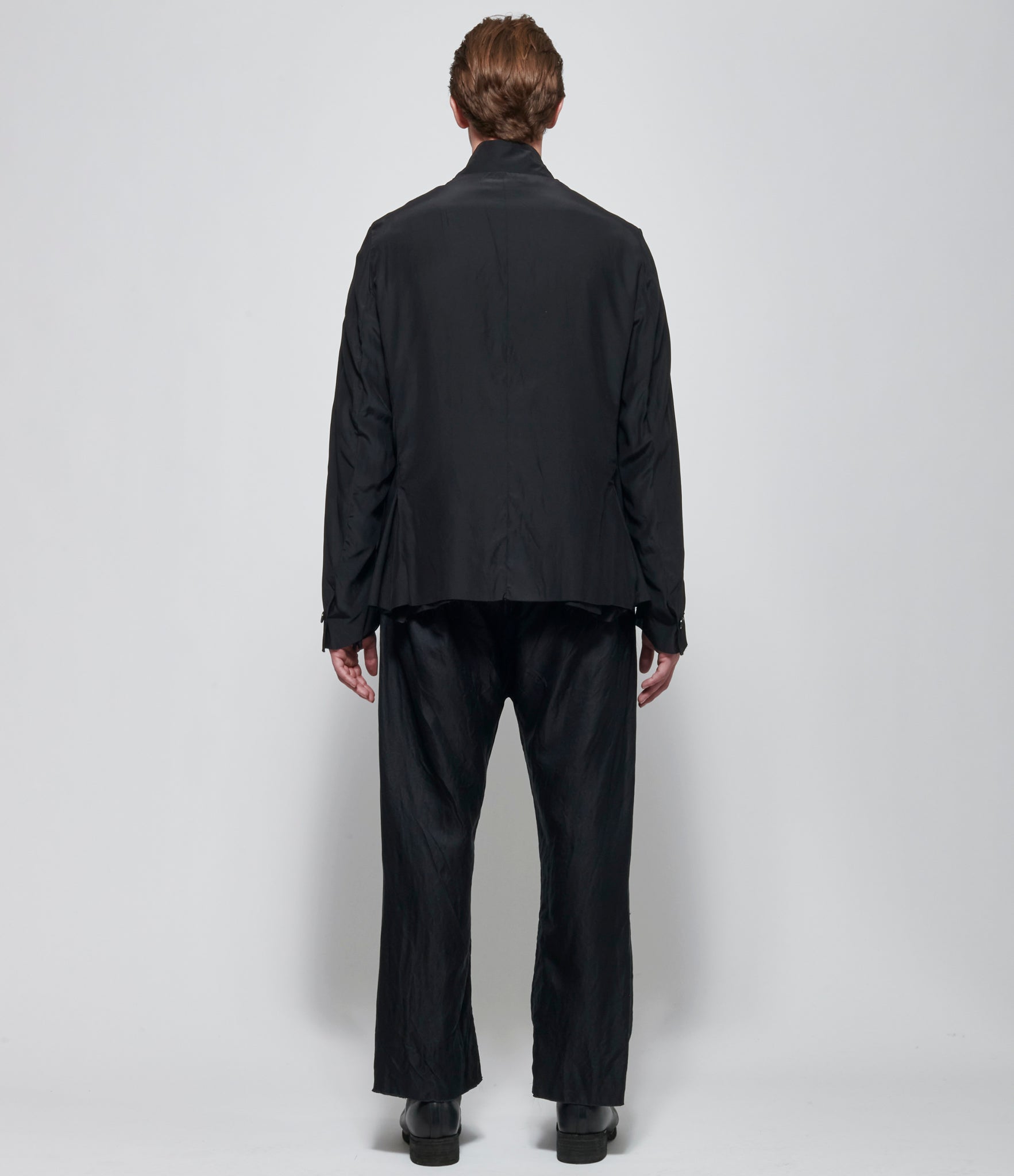SS26 Elena Dawson Mens Black Silk Satin Reverse 7X Short Blazer Notch