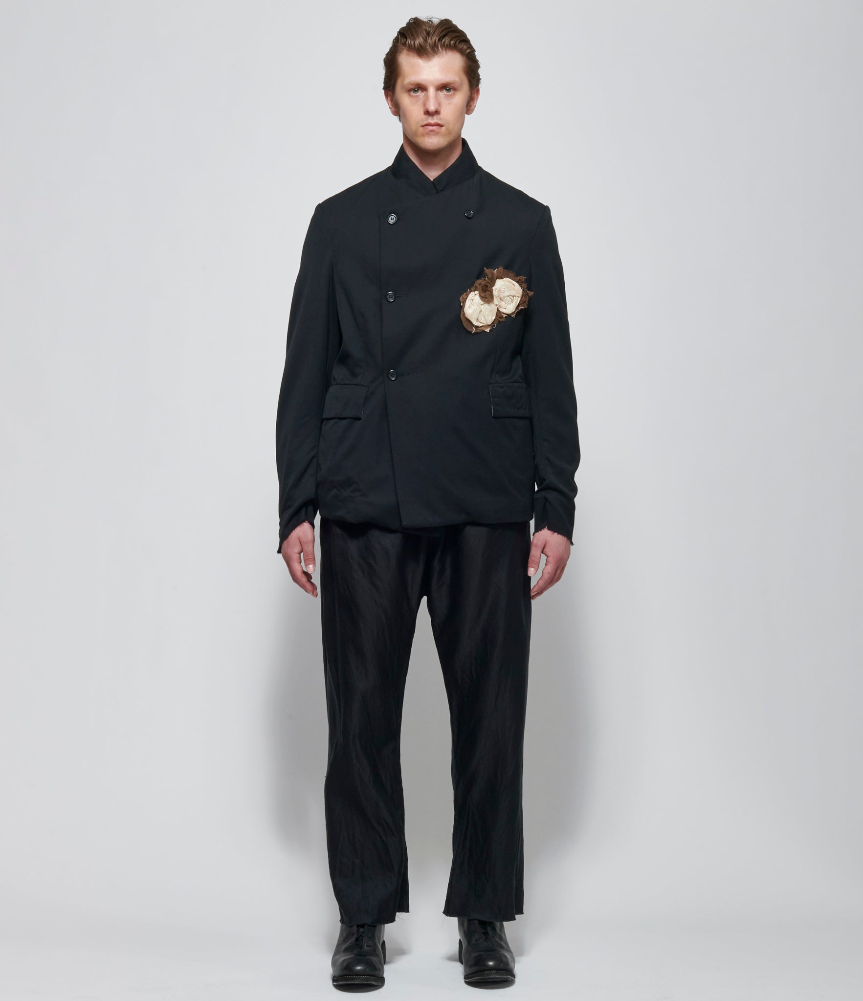 SS26 Elena Dawson Mens Black 4X Double Breasted Blazer with 2x Cream Rose Brooch