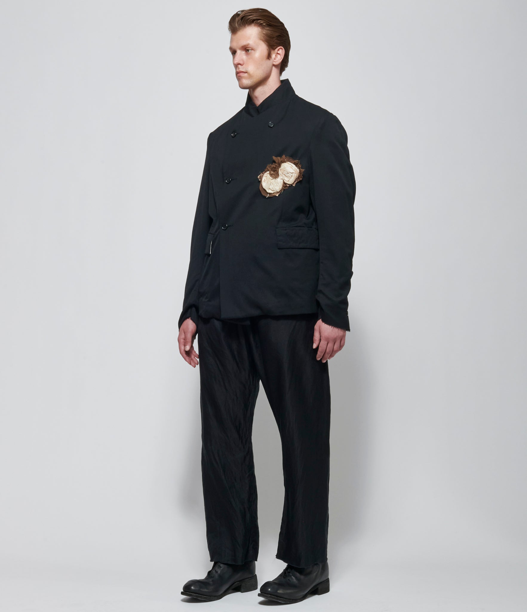 SS26 Elena Dawson Mens Black 4X Double Breasted Blazer with 2x Cream Rose Brooch
