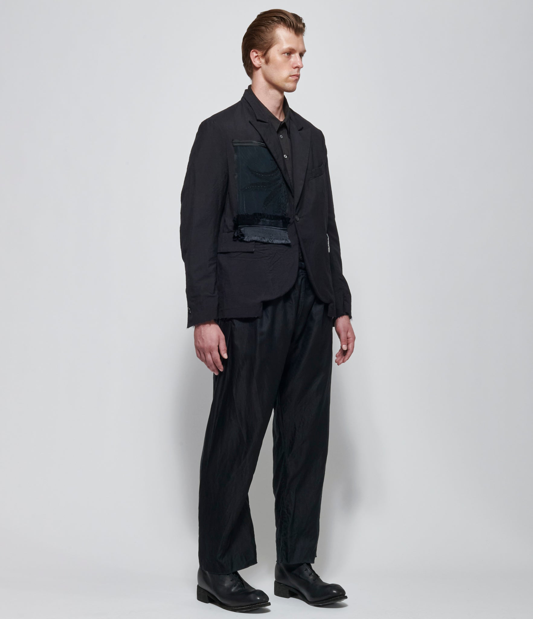 SS26 Elena Dawson Mens Black Light Wool 1X Short Blazer Lace Panel Peak