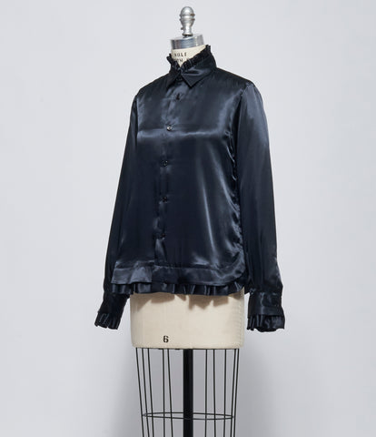 FW26 Comme des Garçons Noir Kei Ninomiya Womens Black Ruffle-Trim Satin Blouse