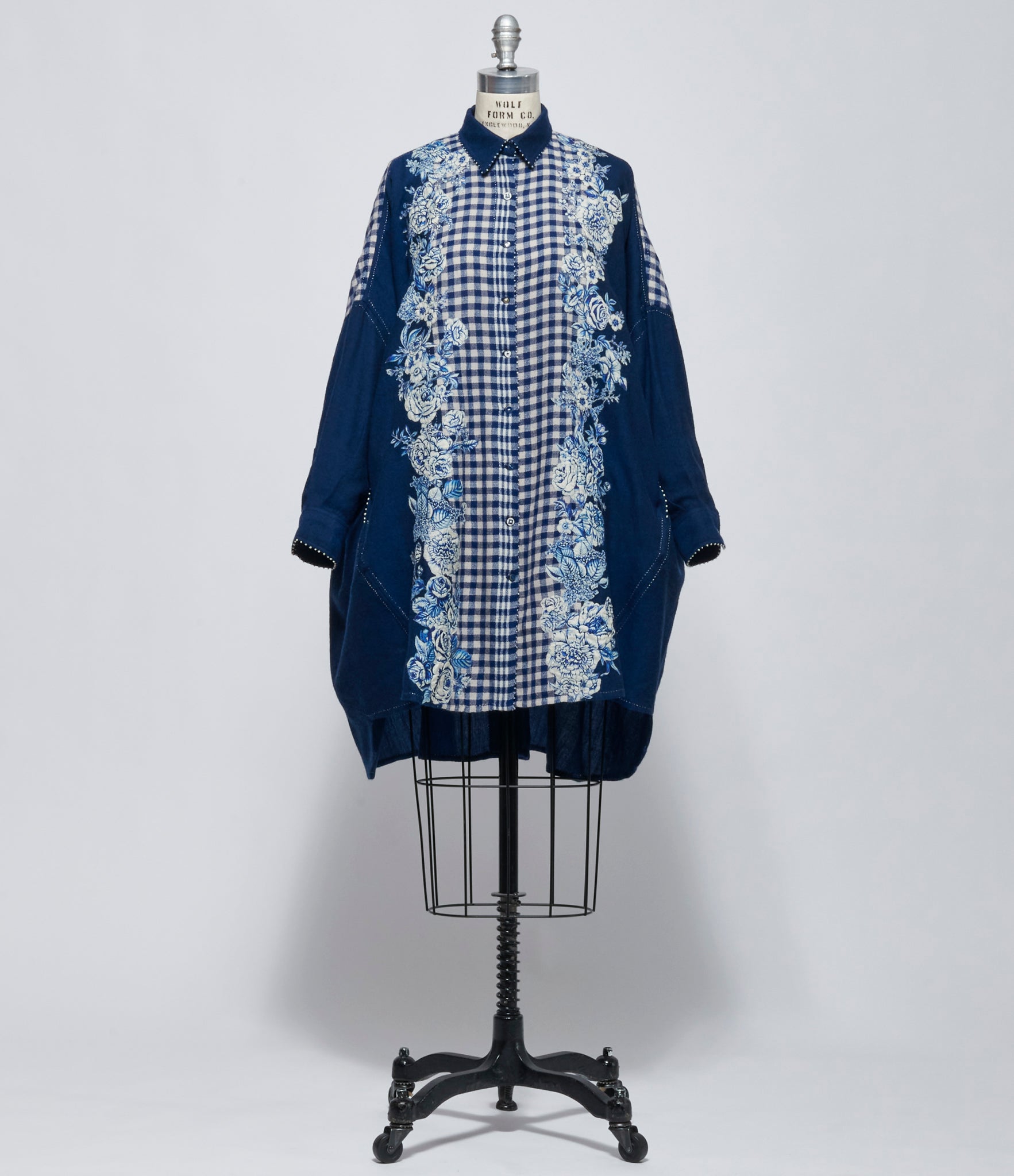 FW26 Pero Womens Shirt Navy Gingham Floral Shirt Dress
