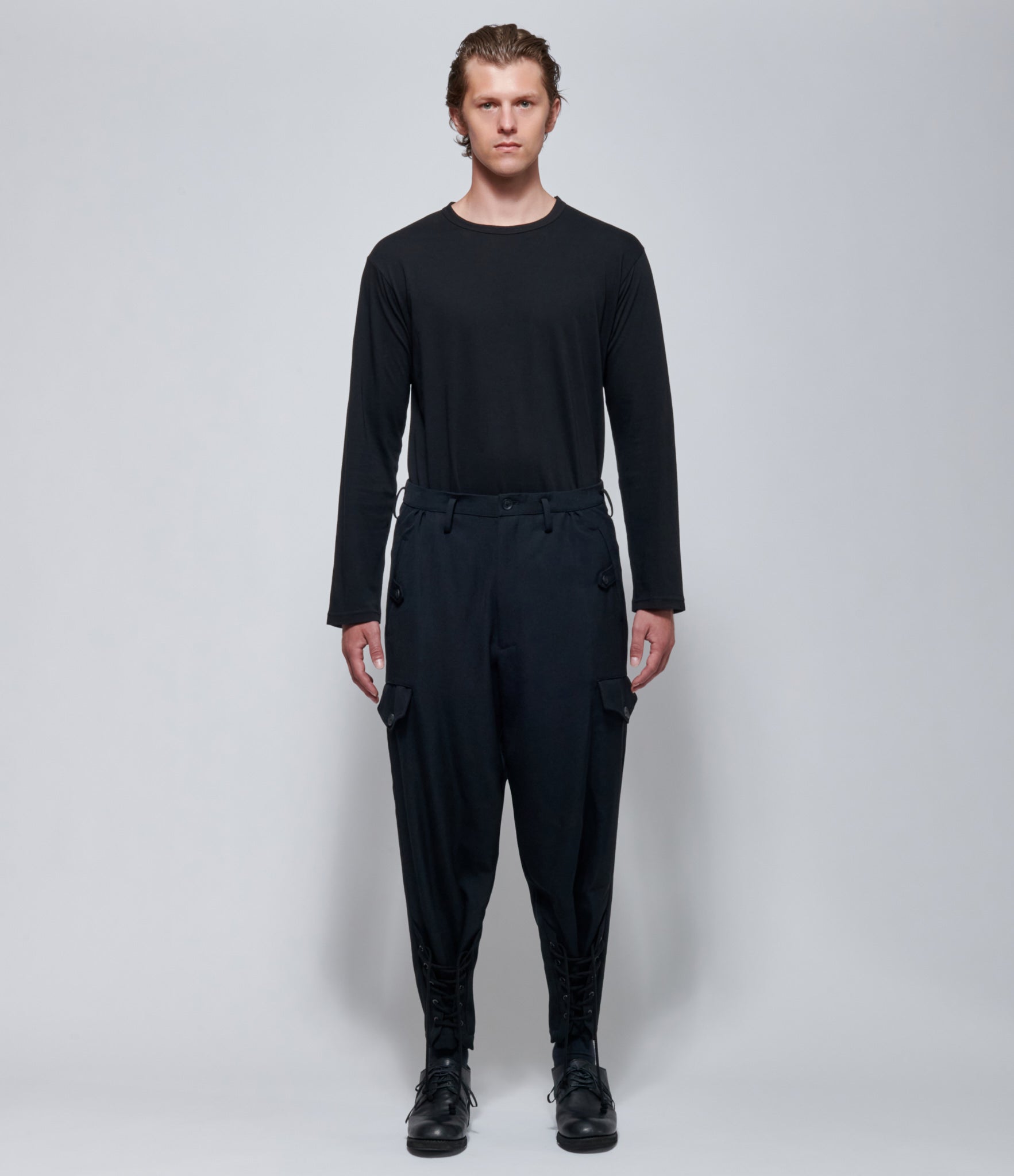 FW26 Yohji Yamamoto Army Gabardine Lace-Up Hem Pants in Black