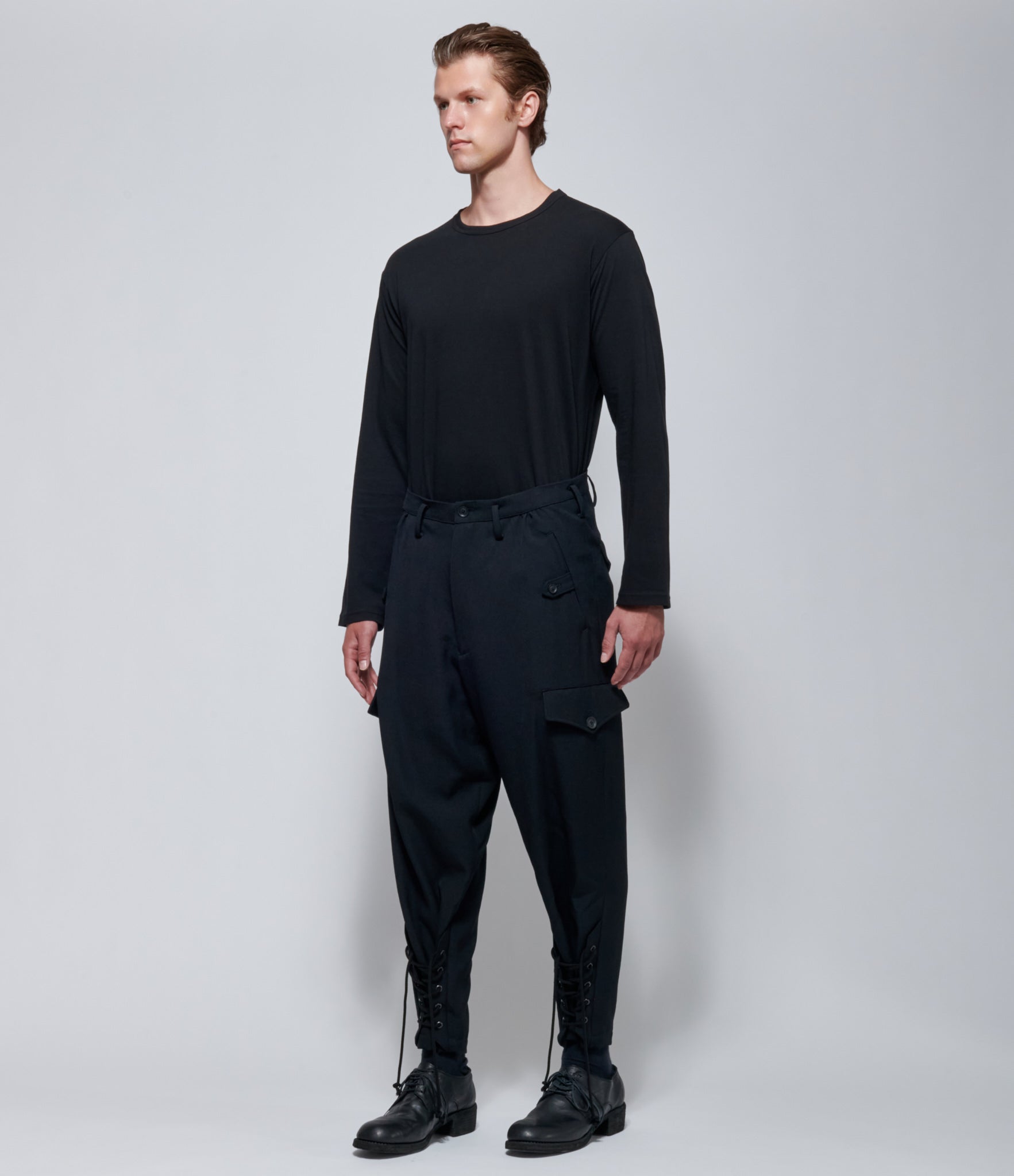 FW26 Yohji Yamamoto Army Gabardine Lace-Up Hem Pants in Black