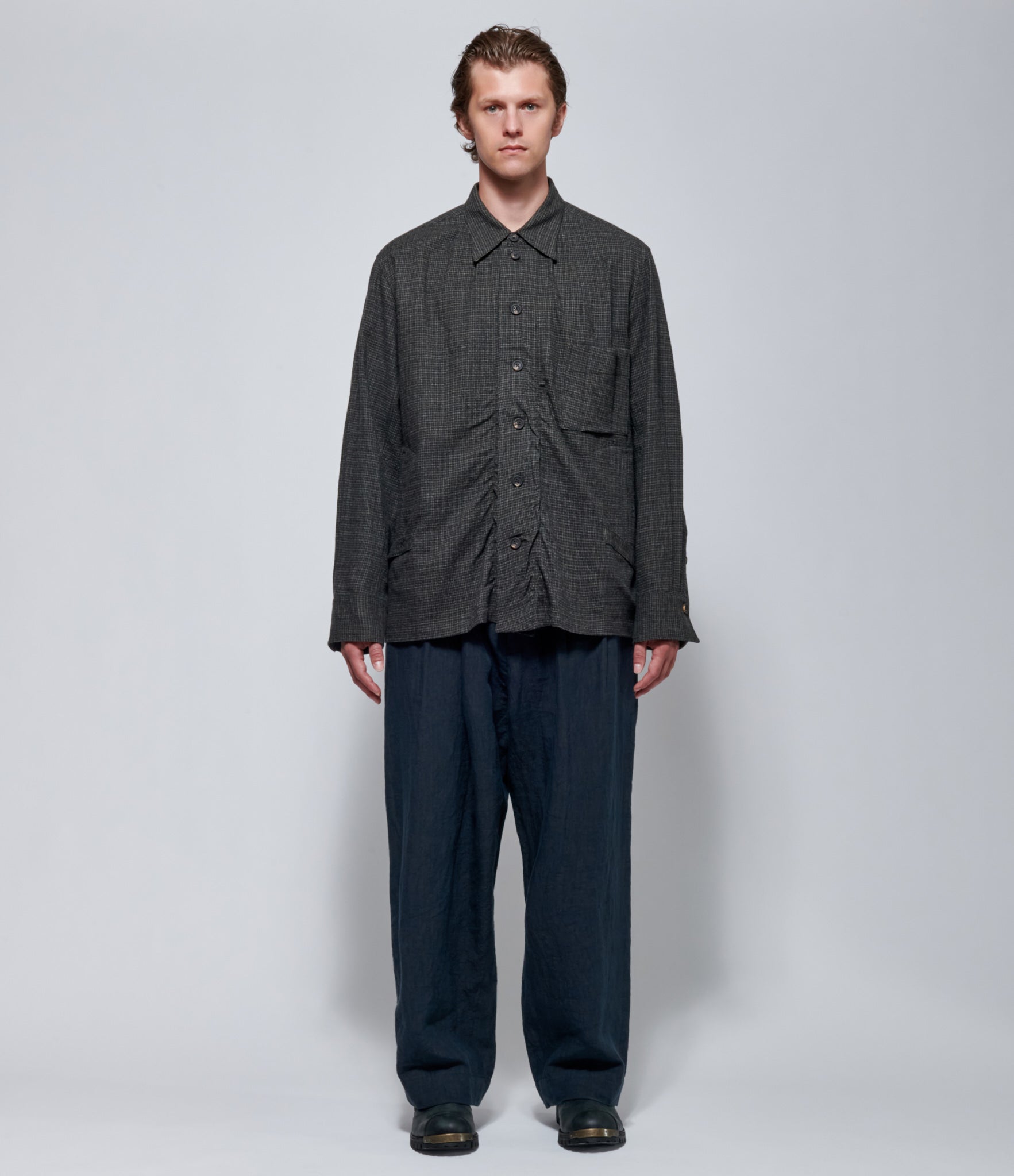 FW26 Ziggy Chen Mens Side Tab Spread Micro-Check Collar Shirt