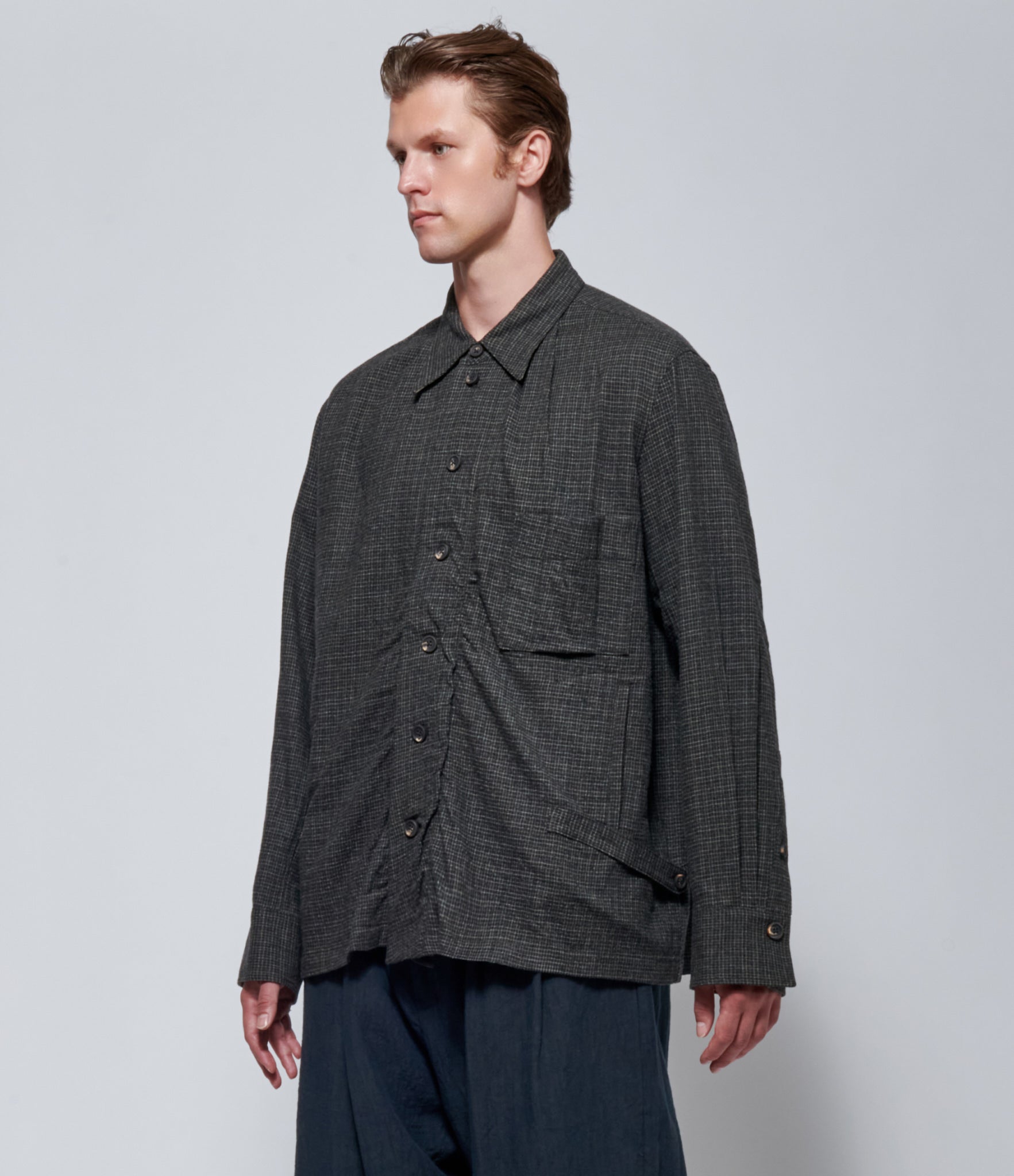 FW26 Ziggy Chen Mens Side Tab Spread Micro-Check Collar Shirt