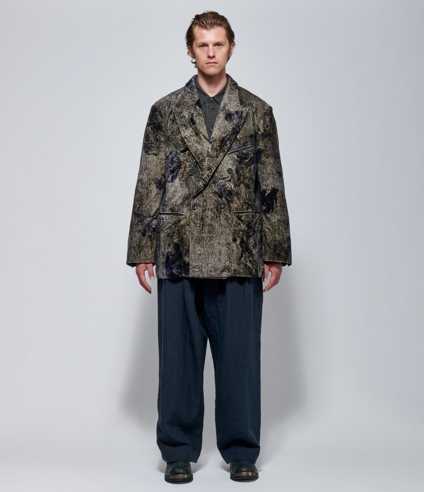 FW26 Ziggy Chen Velvet Double-Breasted Printed Blazer in Grey
