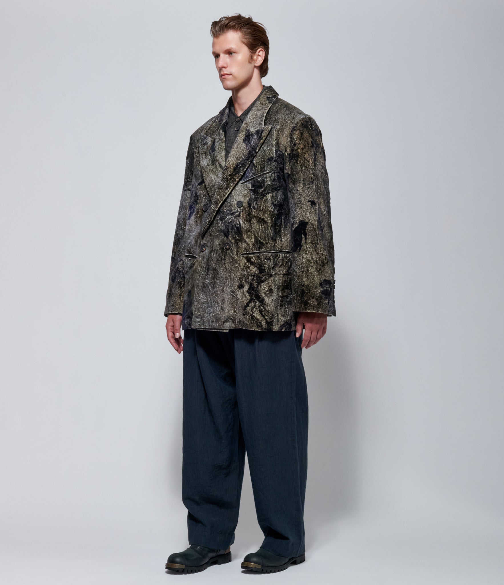 FW26 Ziggy Chen Velvet Double-Breasted Printed Blazer in Grey
