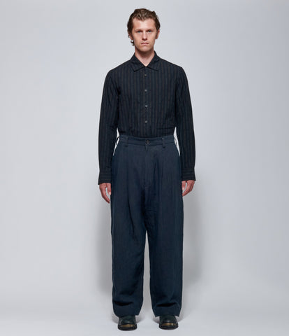Ziggy Chen Mens Pleated Tapered Linen Trousers in Navy
