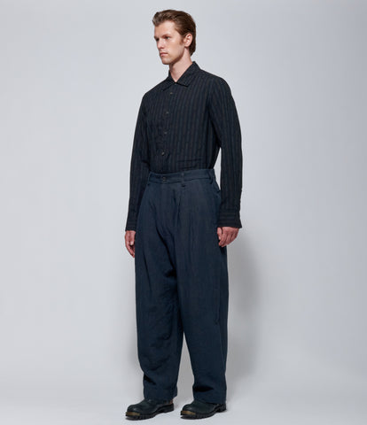Ziggy Chen Mens Pleated Tapered Linen Trousers in Navy