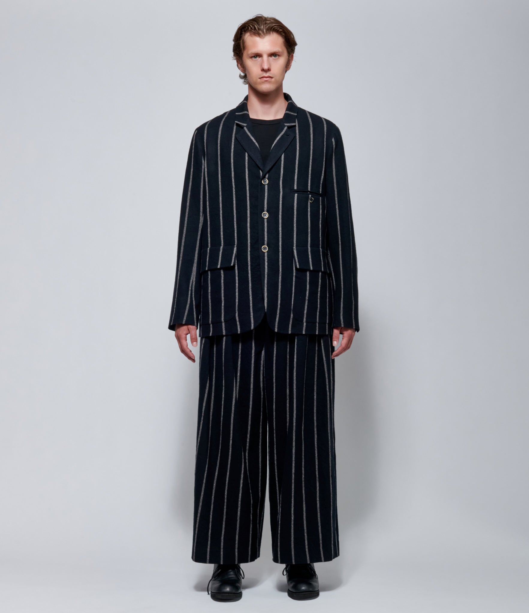 FW26 Uma Wang Mens Jupiter Striped Wool Blazer in Black/Grey