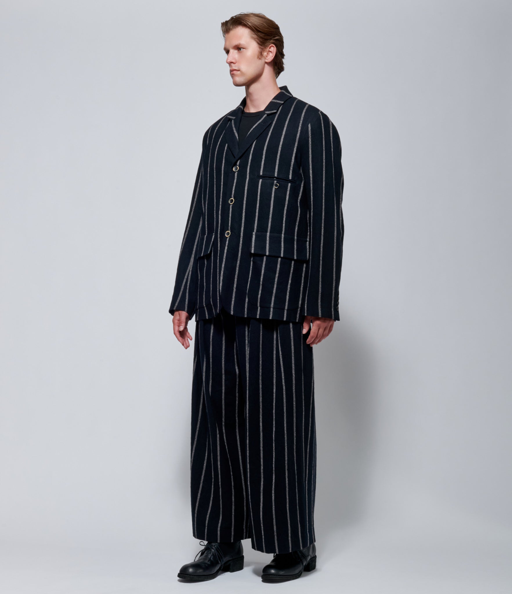 FW26 Uma Wang Mens Jupiter Striped Wool Blazer in Black/Grey