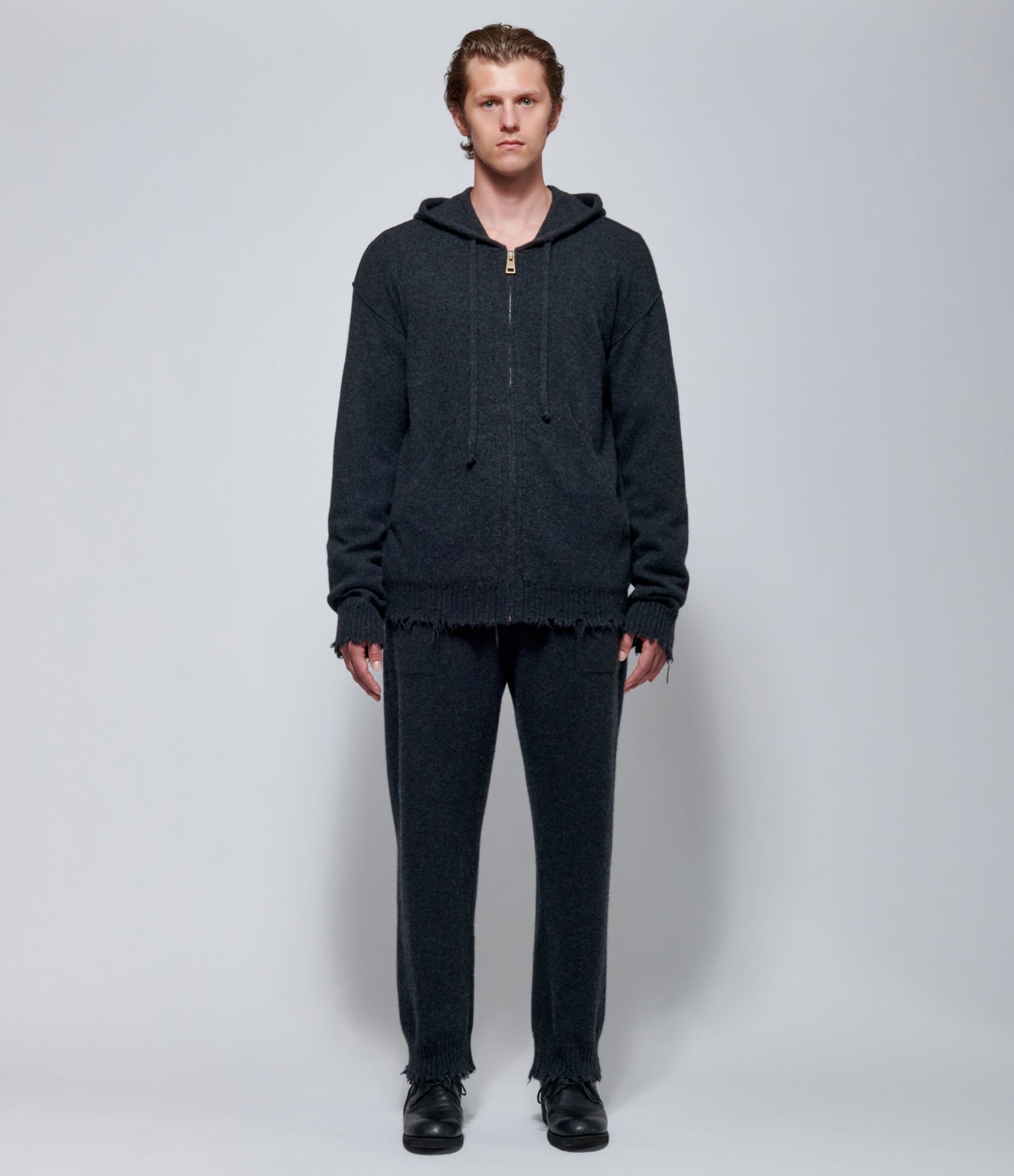 FW26 Uma Wang Mens Hooded Wool Top in Dark Grey