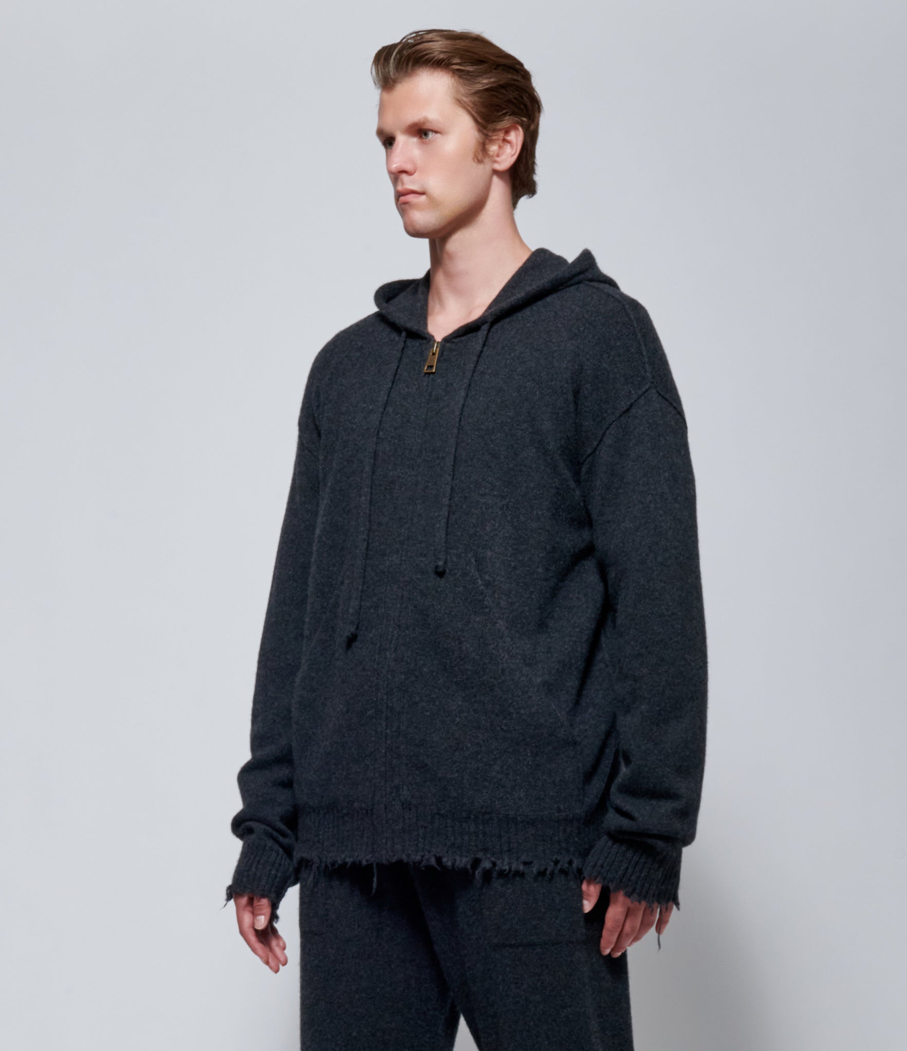 FW26 Uma Wang Mens Hooded Wool Top in Dark Grey