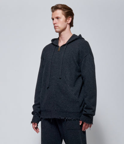 FW26 Uma Wang Mens Hooded Wool Top in Dark Grey