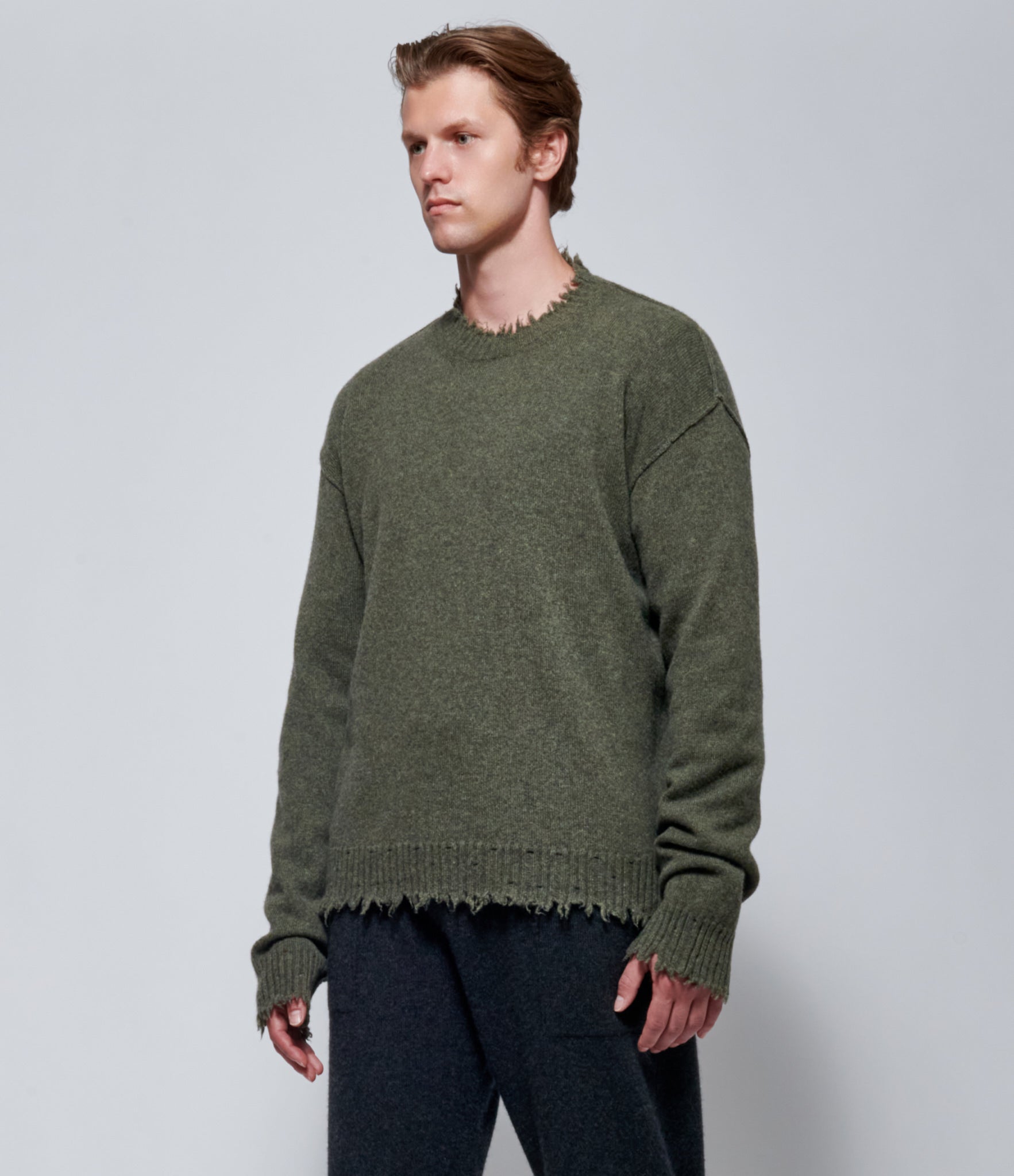 FW26 Uma Wang Mens Round Neck Wool Top in Army Green
