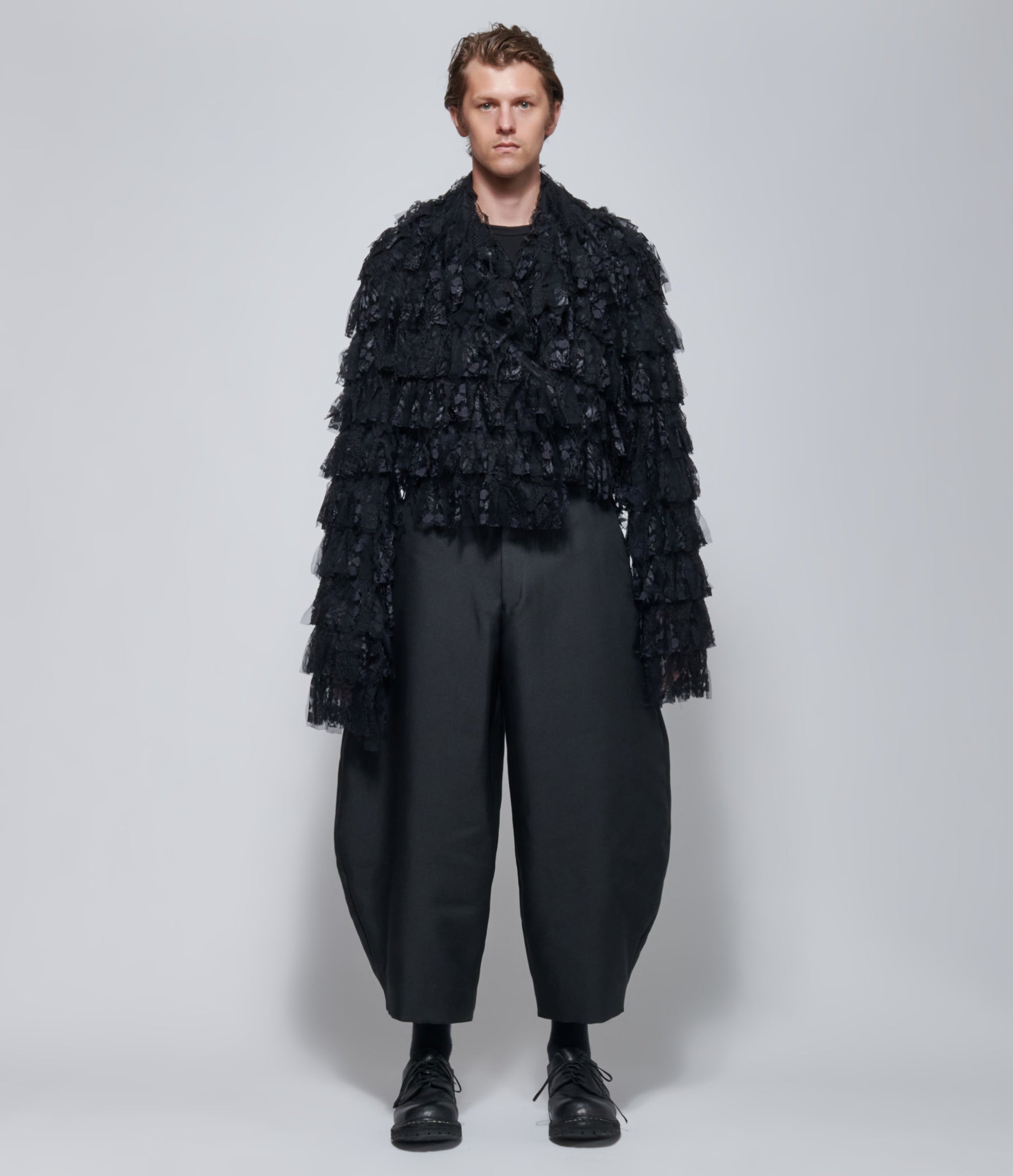 FW26 COMME des GARÇONS Homme Plus Tiered Lace Ruffle Jacket