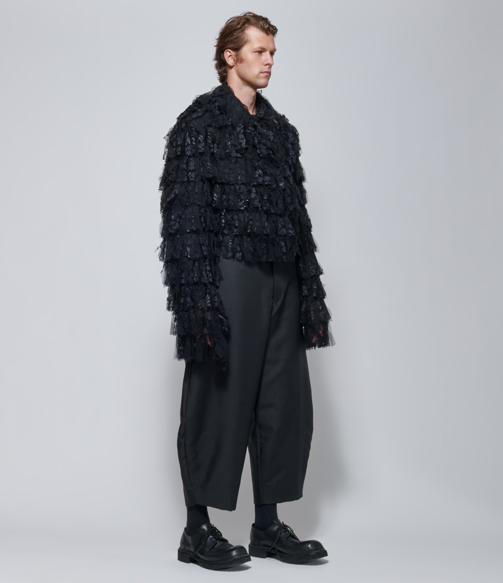 FW26 COMME des GARÇONS Homme Plus Tiered Lace Ruffle Jacket